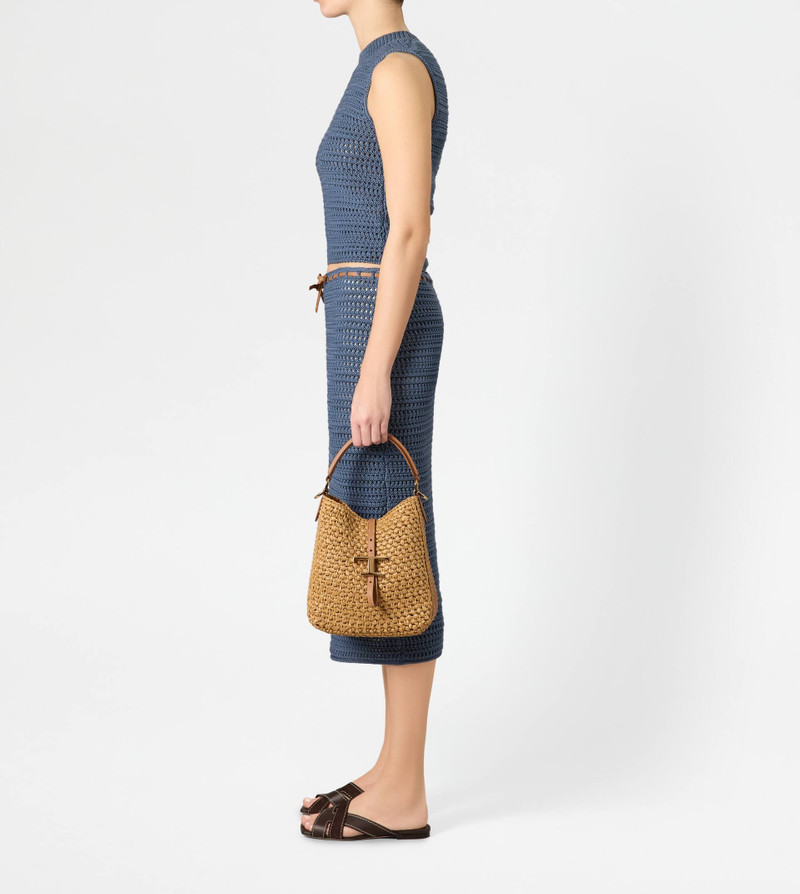 T TIMELESS BUCKET BAG IN RAFFIA AND LEATHER MINI - BROWN 8