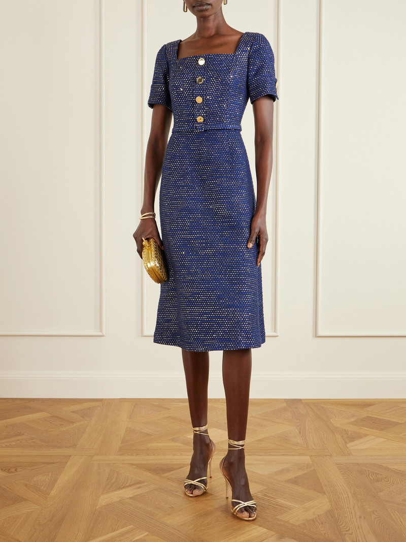 CAROLINA HERRERA Belted Metallic Cotton-blend Tweed Midi Dress outlook