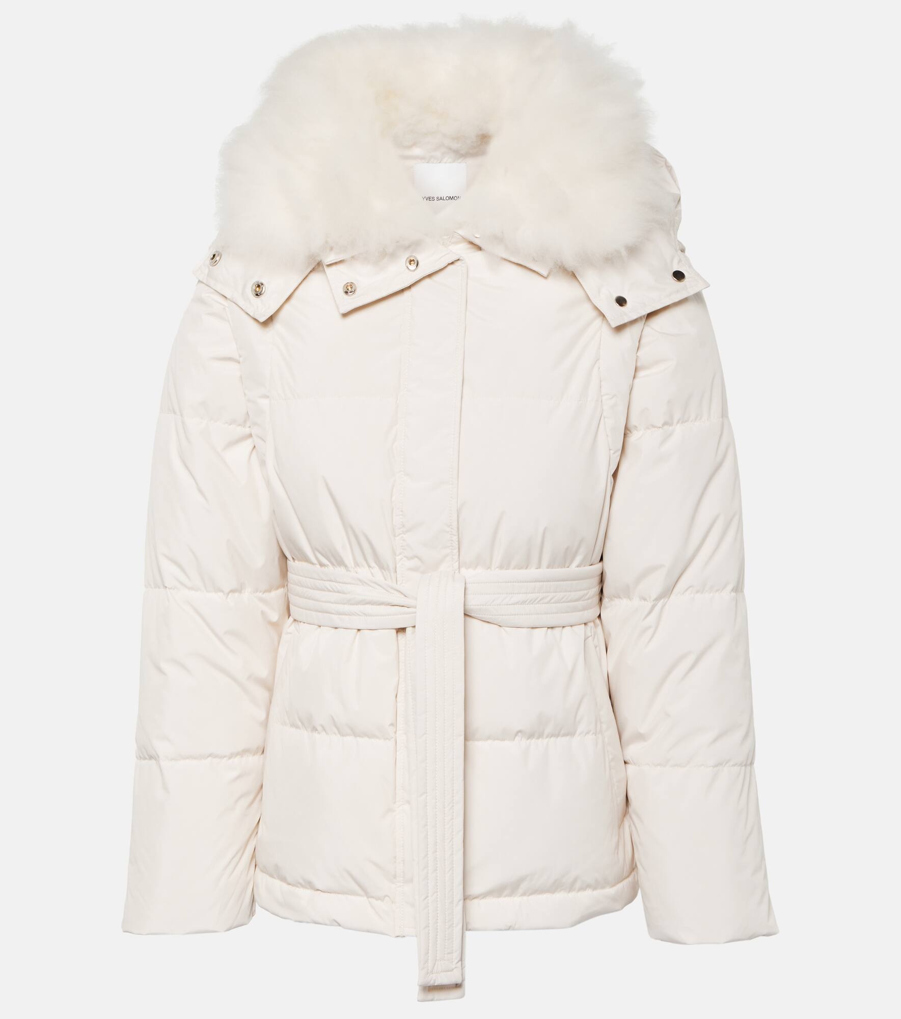 Belted shearling-trimmed down jacket - 1