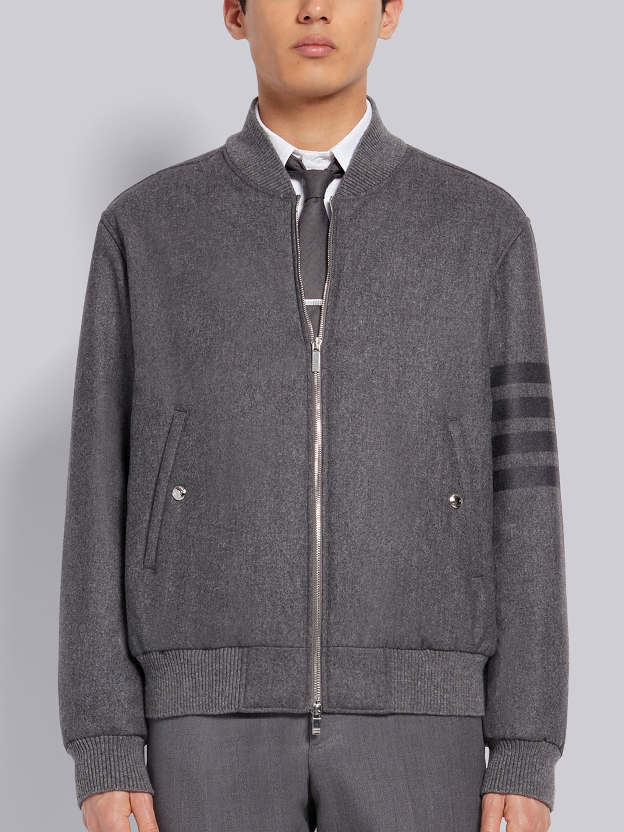 Medium Grey Tech Down Wool Flannel Tonal 4-Bar Relaxed Blouson Jacket - 1