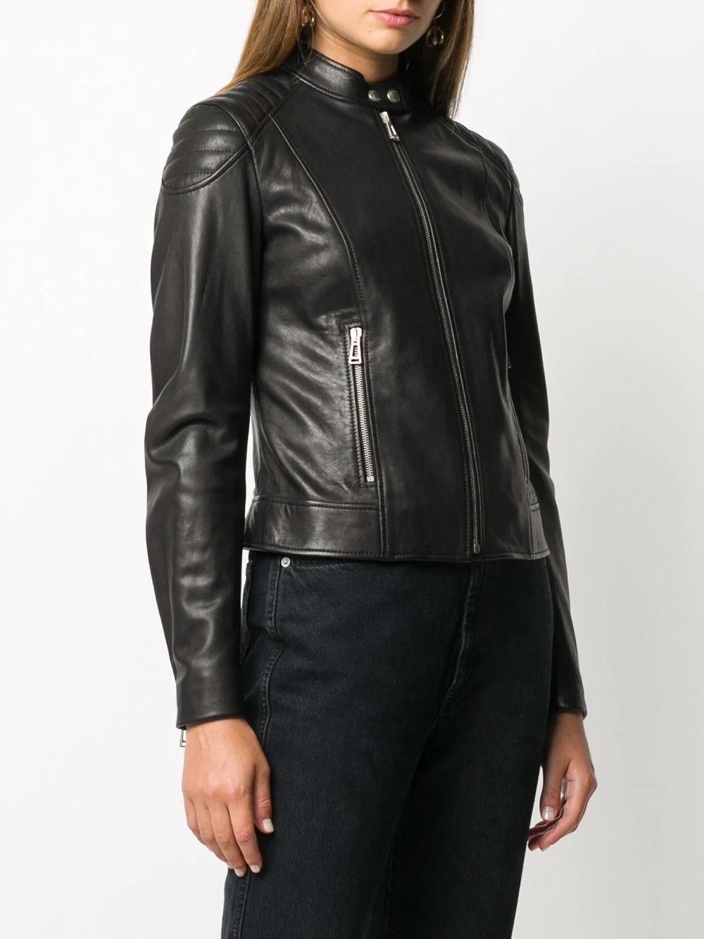 fitted leather biker jacket - 3