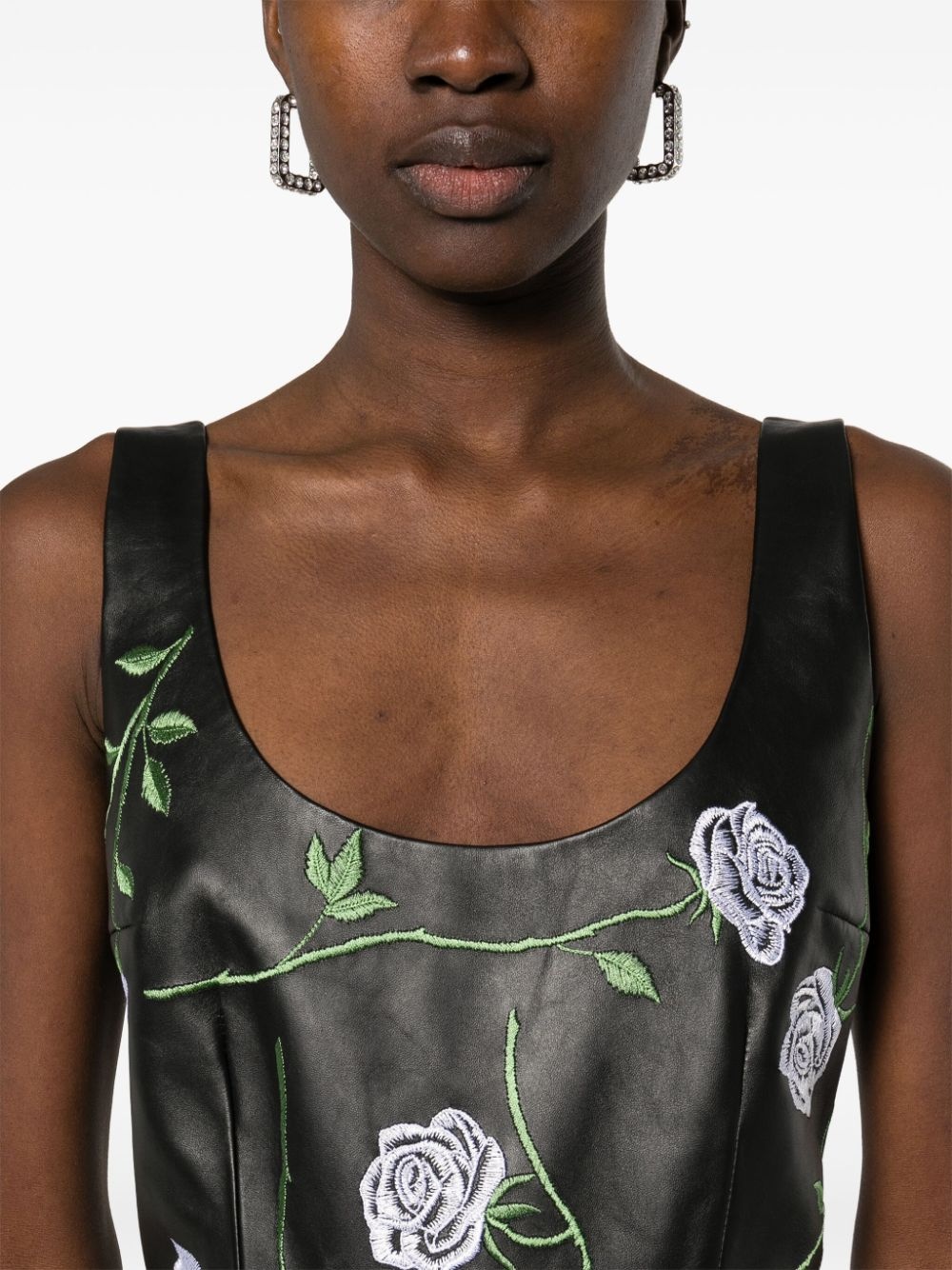 floral-embroidered leather mini dress - 5