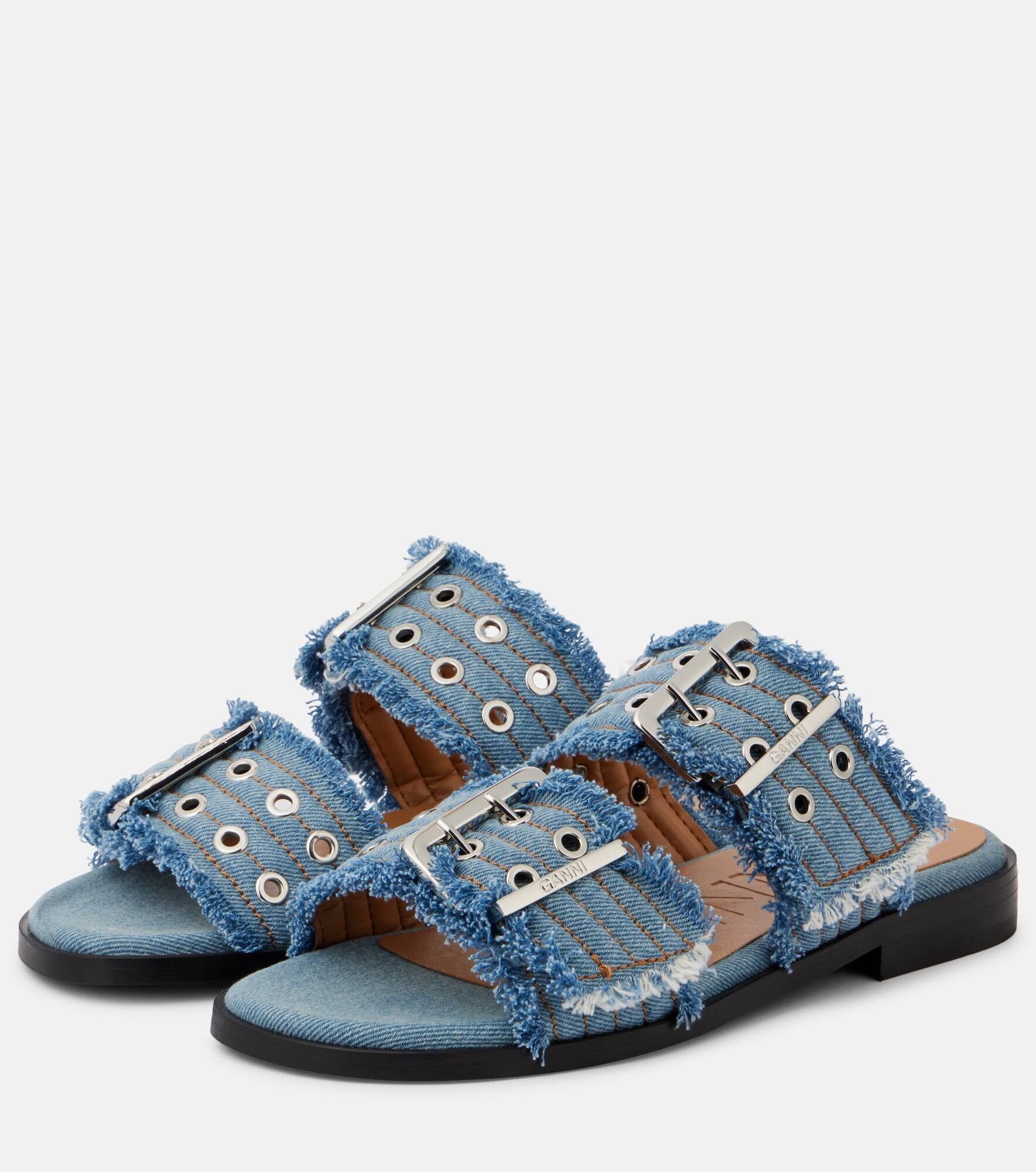 Fringed denim sandals - 4