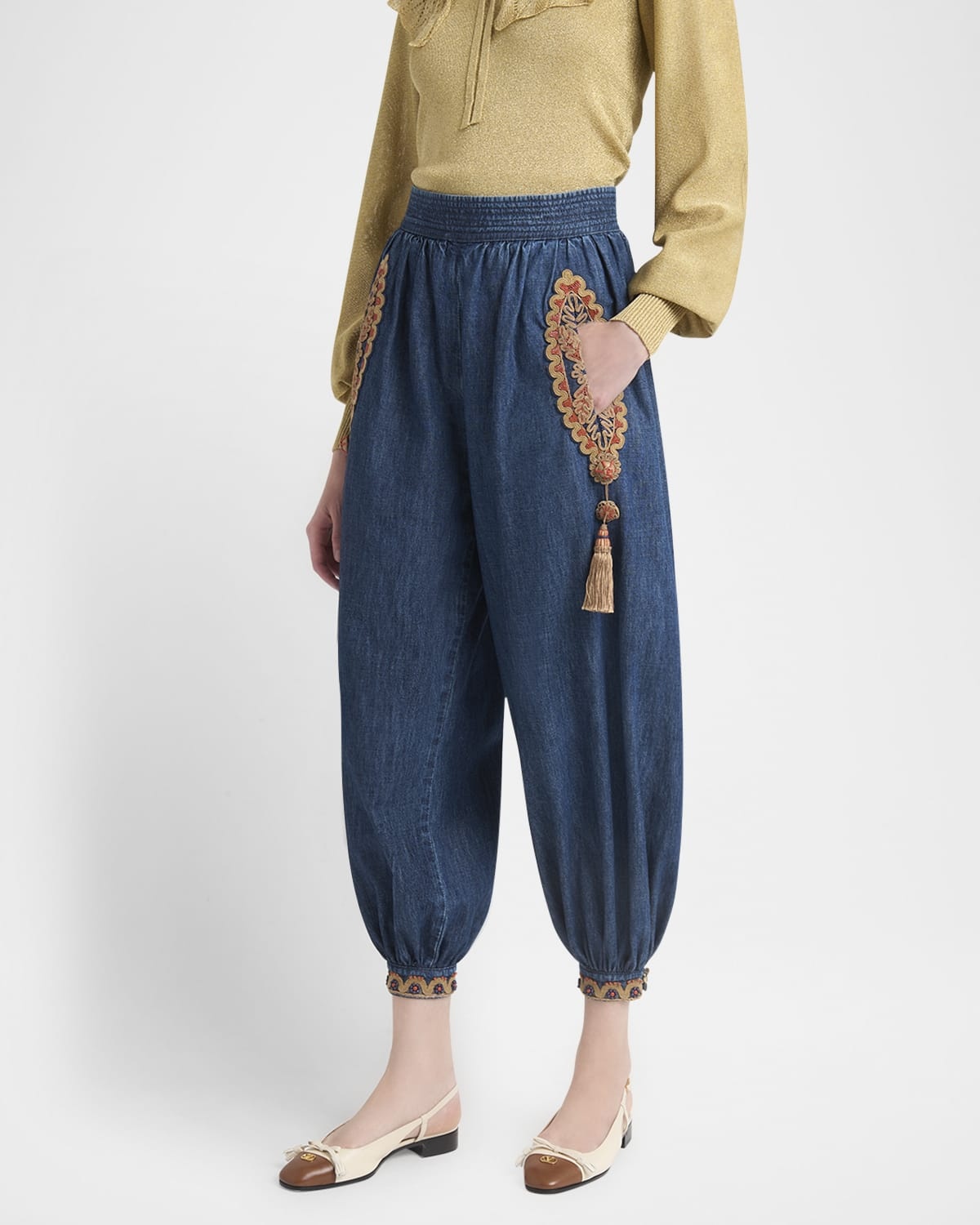 Embroidered Chambray Denim Wide-Leg Crop Blouson Trousers - 4