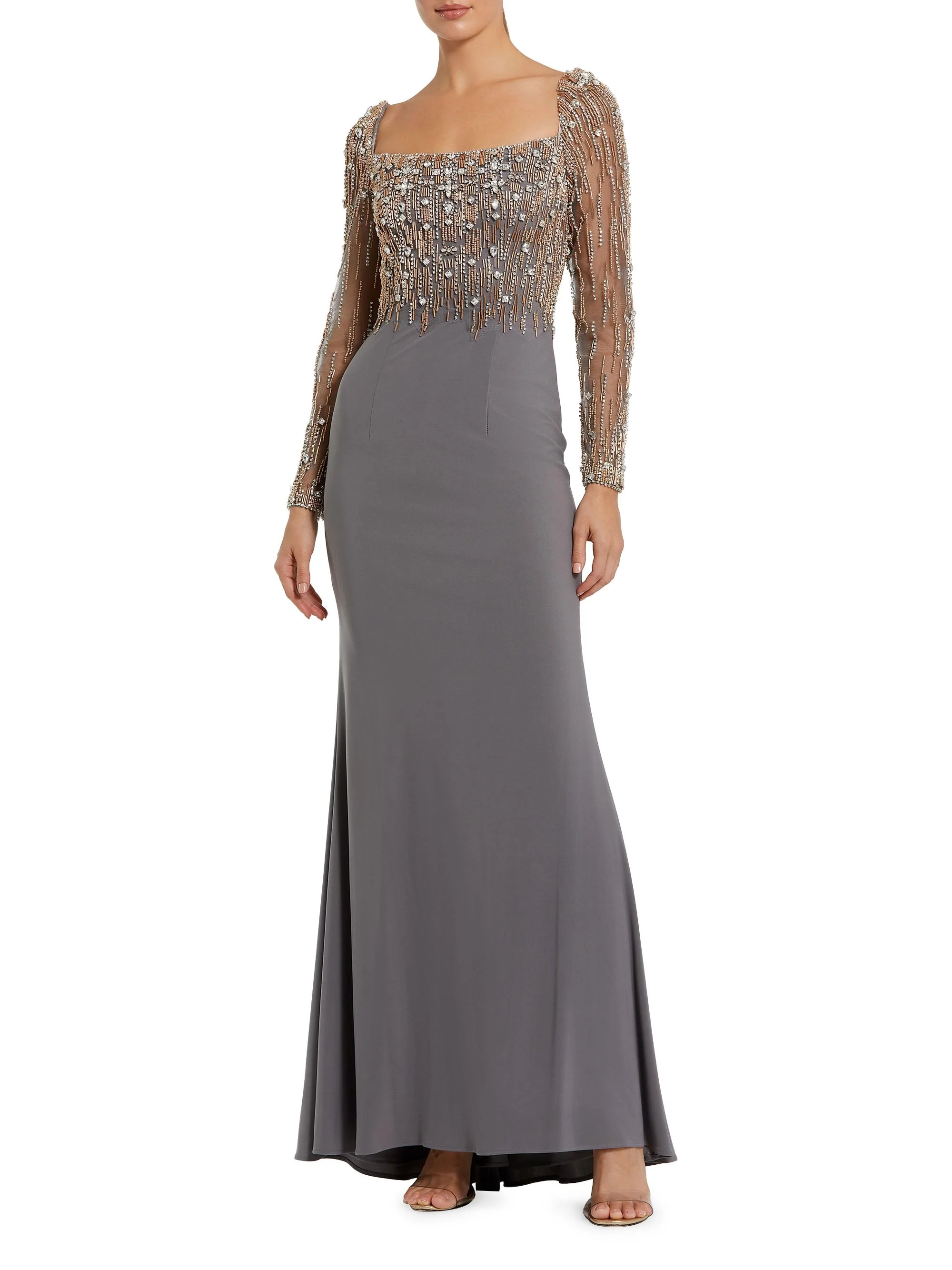 Women's Beaded Square Neck Column Gown - Platinum Gold - 1