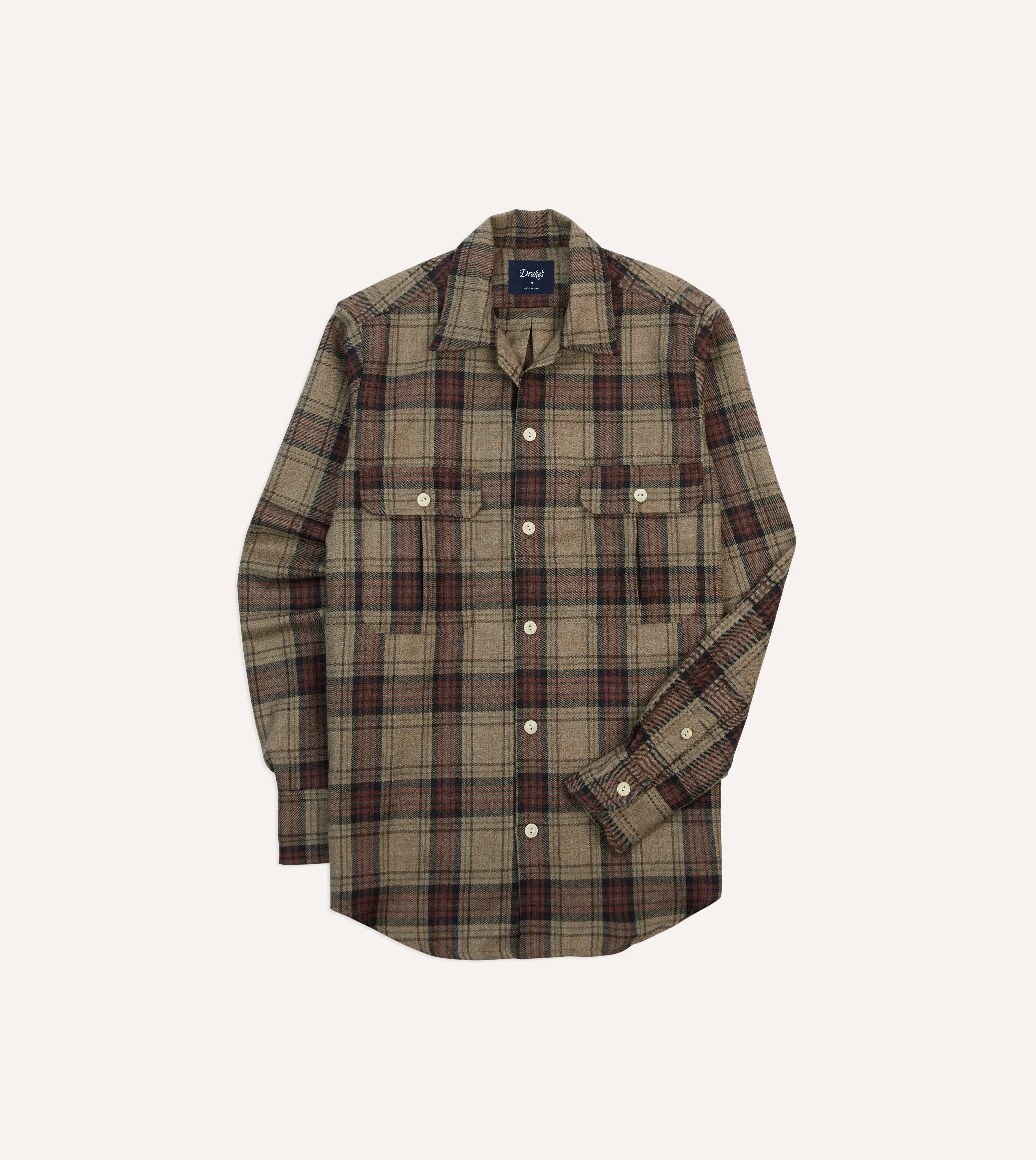 Brown Check Wool Two-Pocket Camp Collar Work Shirt - 1