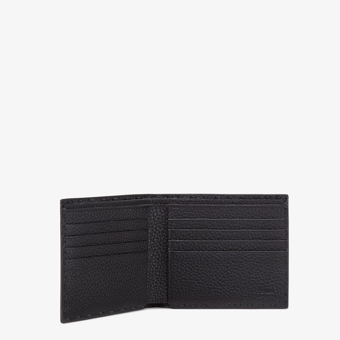Bi-fold wallet, organized inside with eight card slots and two bill compartments. Branded with the F - 3