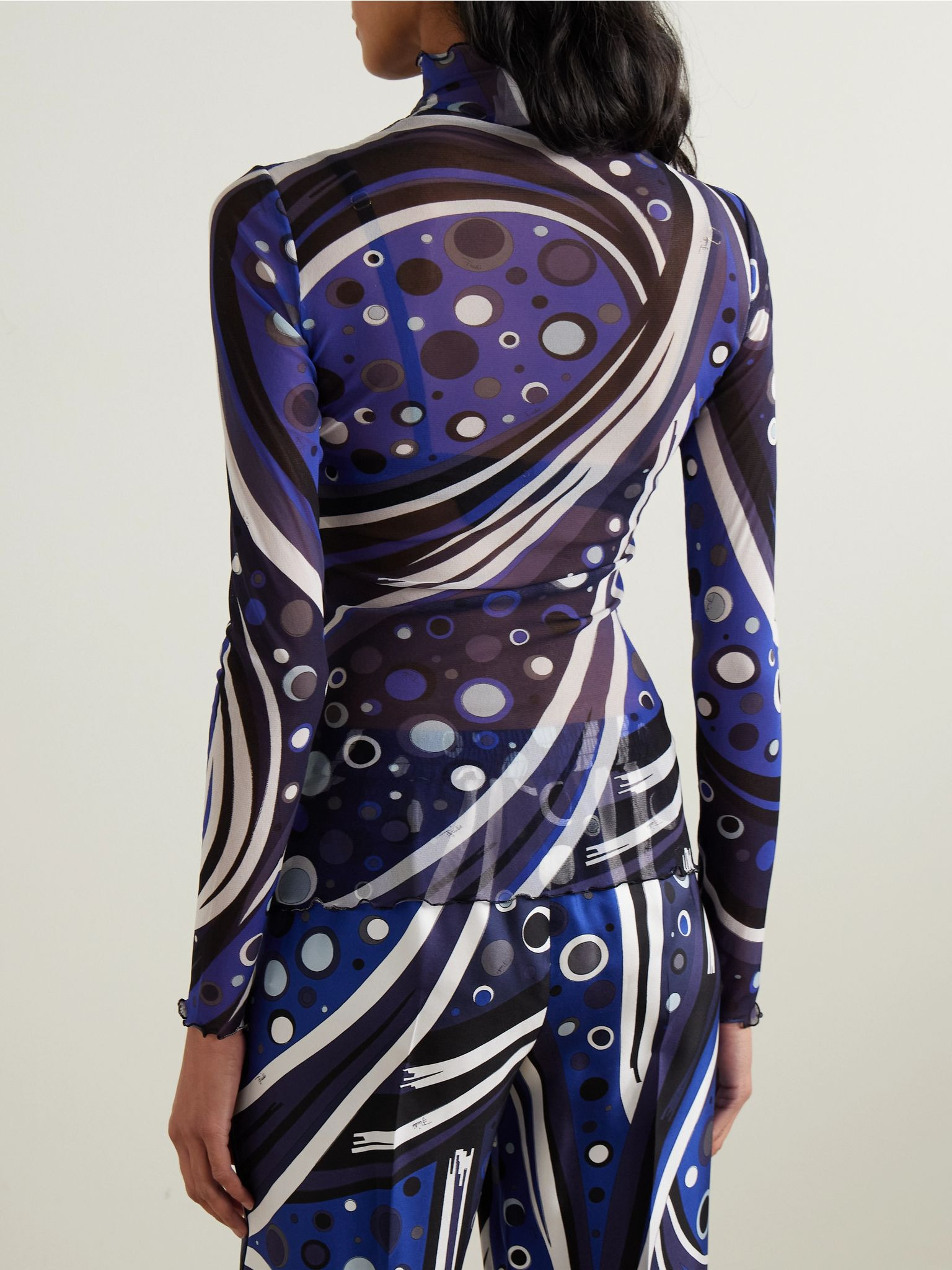 Printed tulle turtleneck top Navy - 4