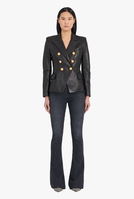 Black double-breasted leather blazer - 4