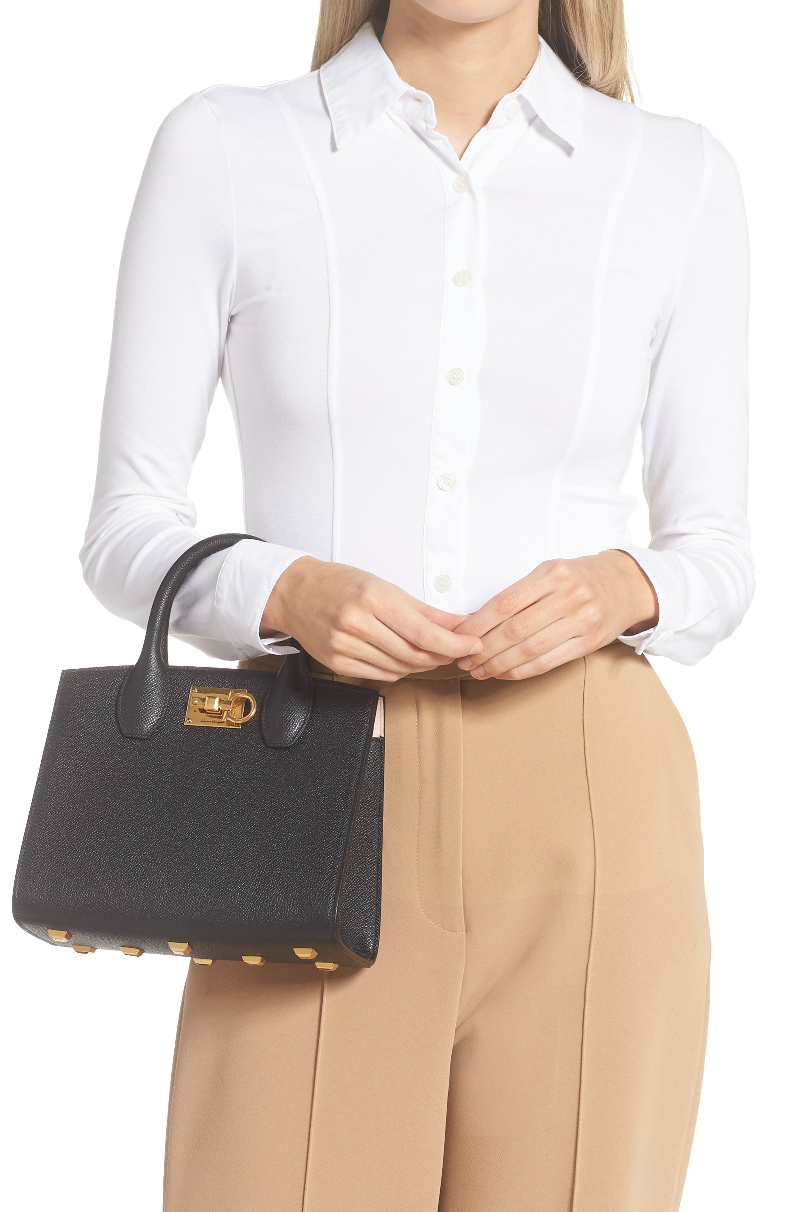 FERRAGAMO Studio Box Mini Leather Top-Handle Bag in Nero /Bonbon at Nordstrom - 3