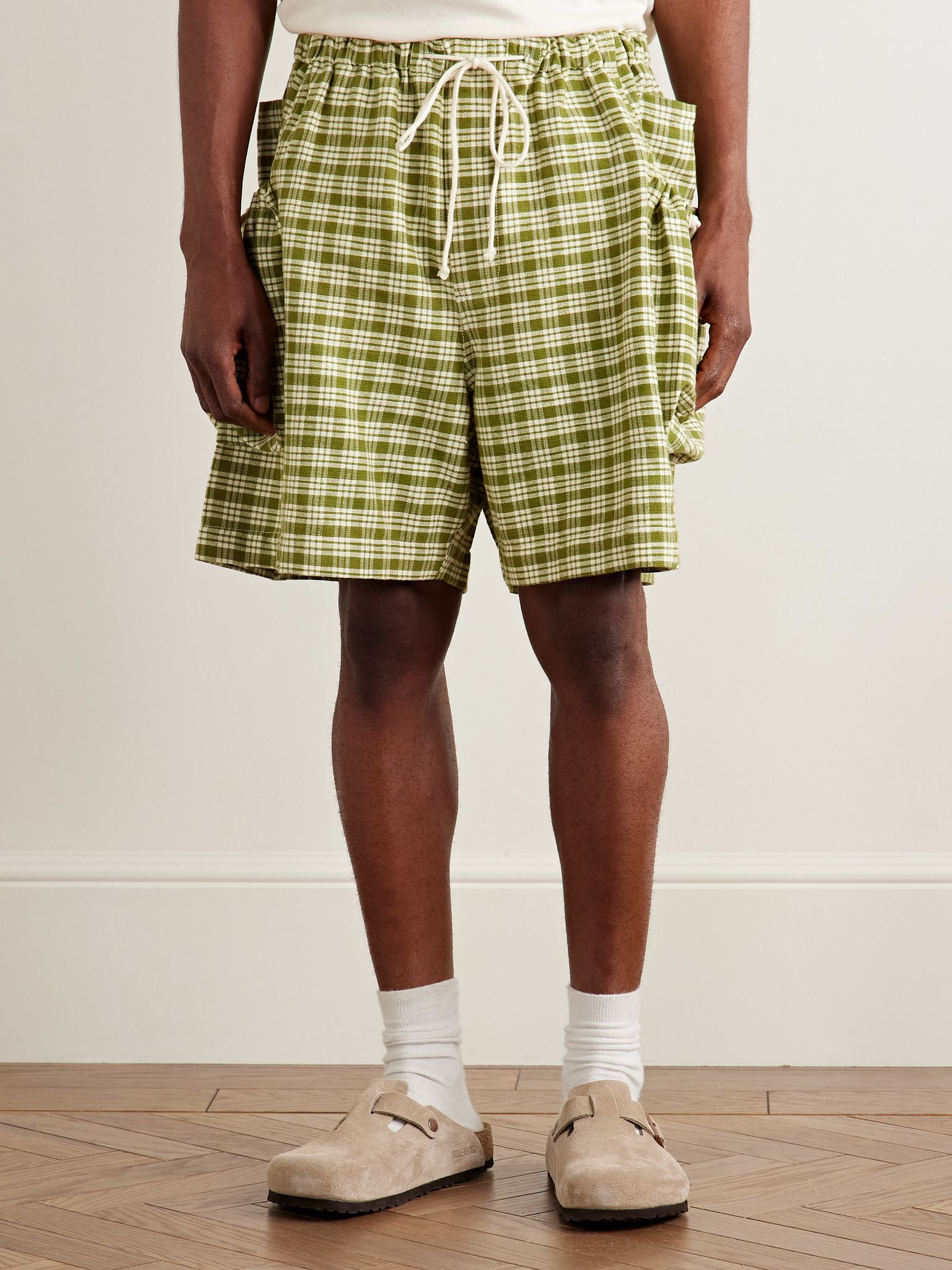 Salt Wide-Leg Checked Organic Cotton-Canvas Drawstring Shorts Green - 3