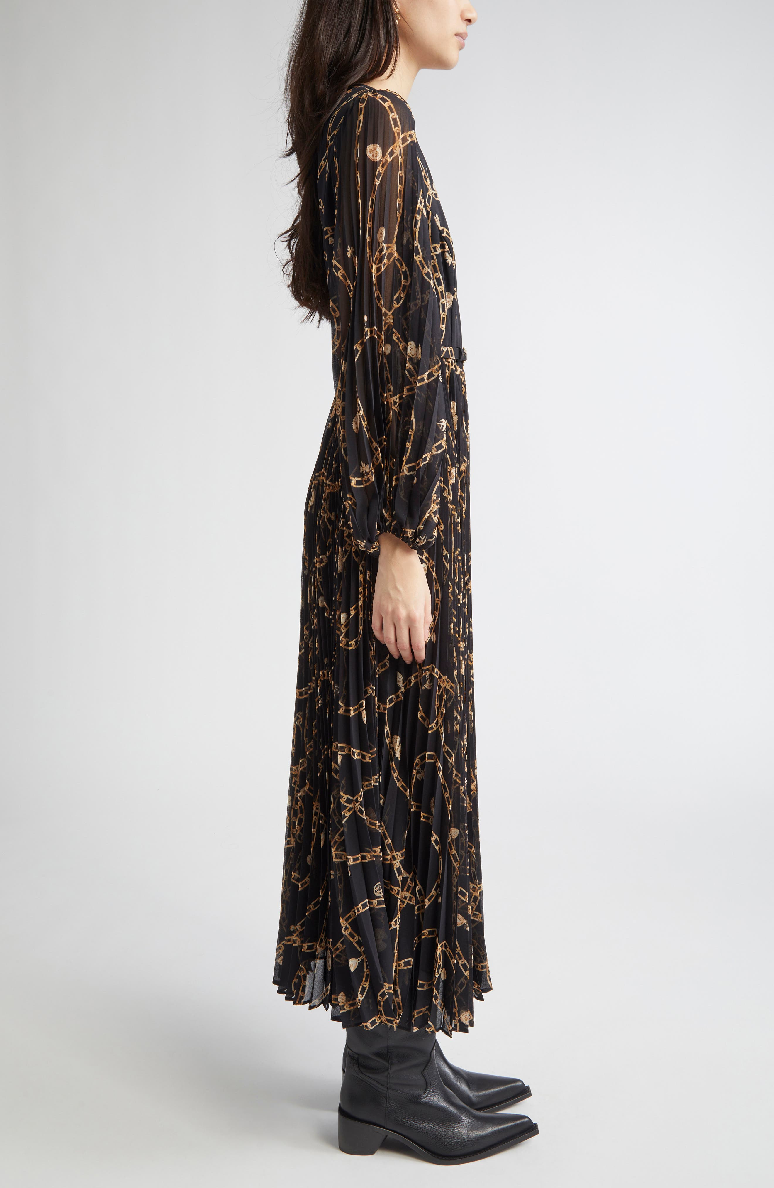 Zimmermann Chain Print Long Sleeve Sunray Pleated Dress in Black Charms at Nordstrom - 3
