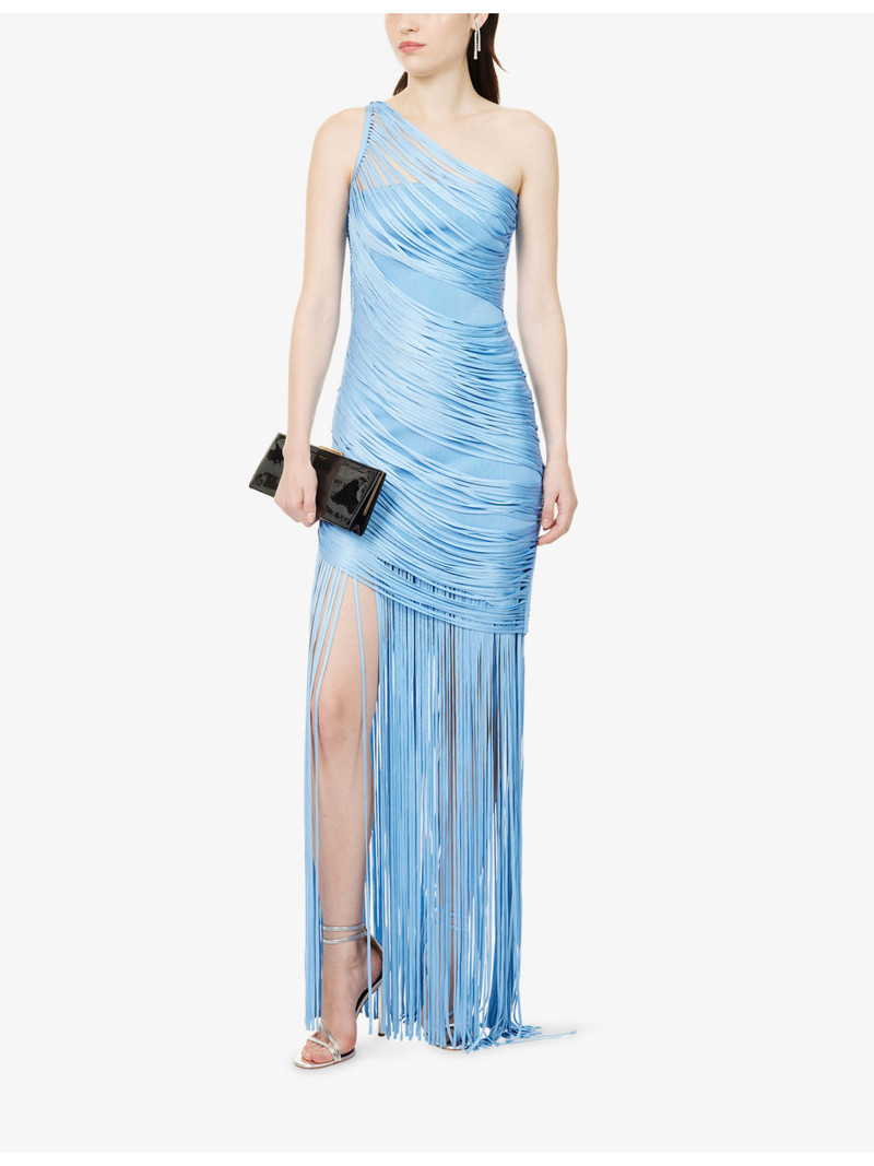 David Koma Fringe Asymmetric Draped Woven Maxi Dress outlook