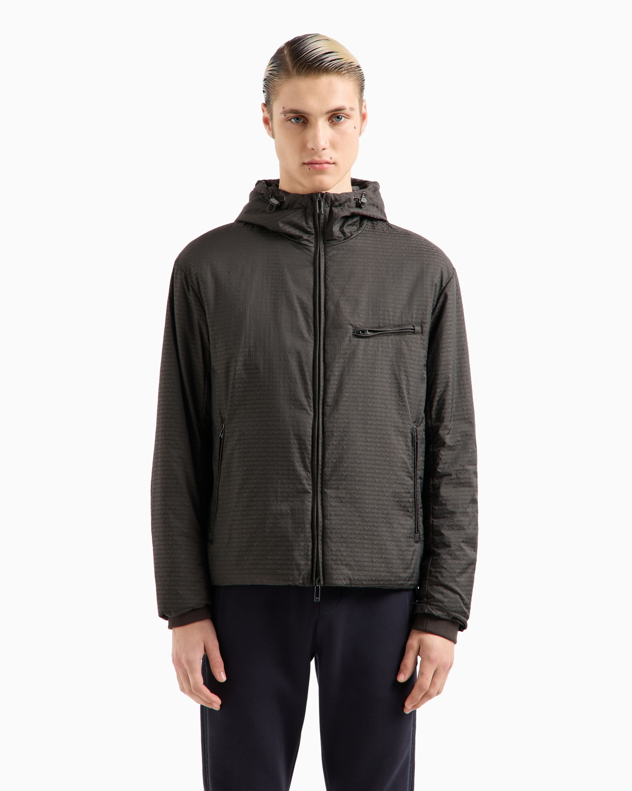 Lightweight nylon, hooded zip-up blouson with all-over jacquard lettering - 2