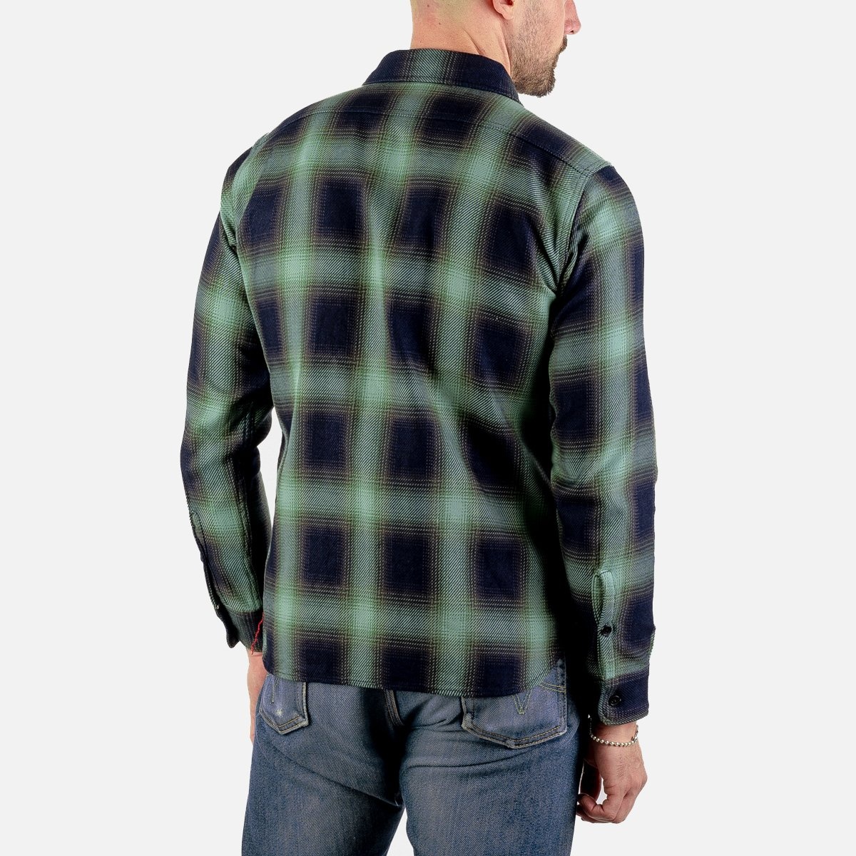 IHSH-349-GRN 9oz Selvedge Ombré Check Work Shirt - Green - 3