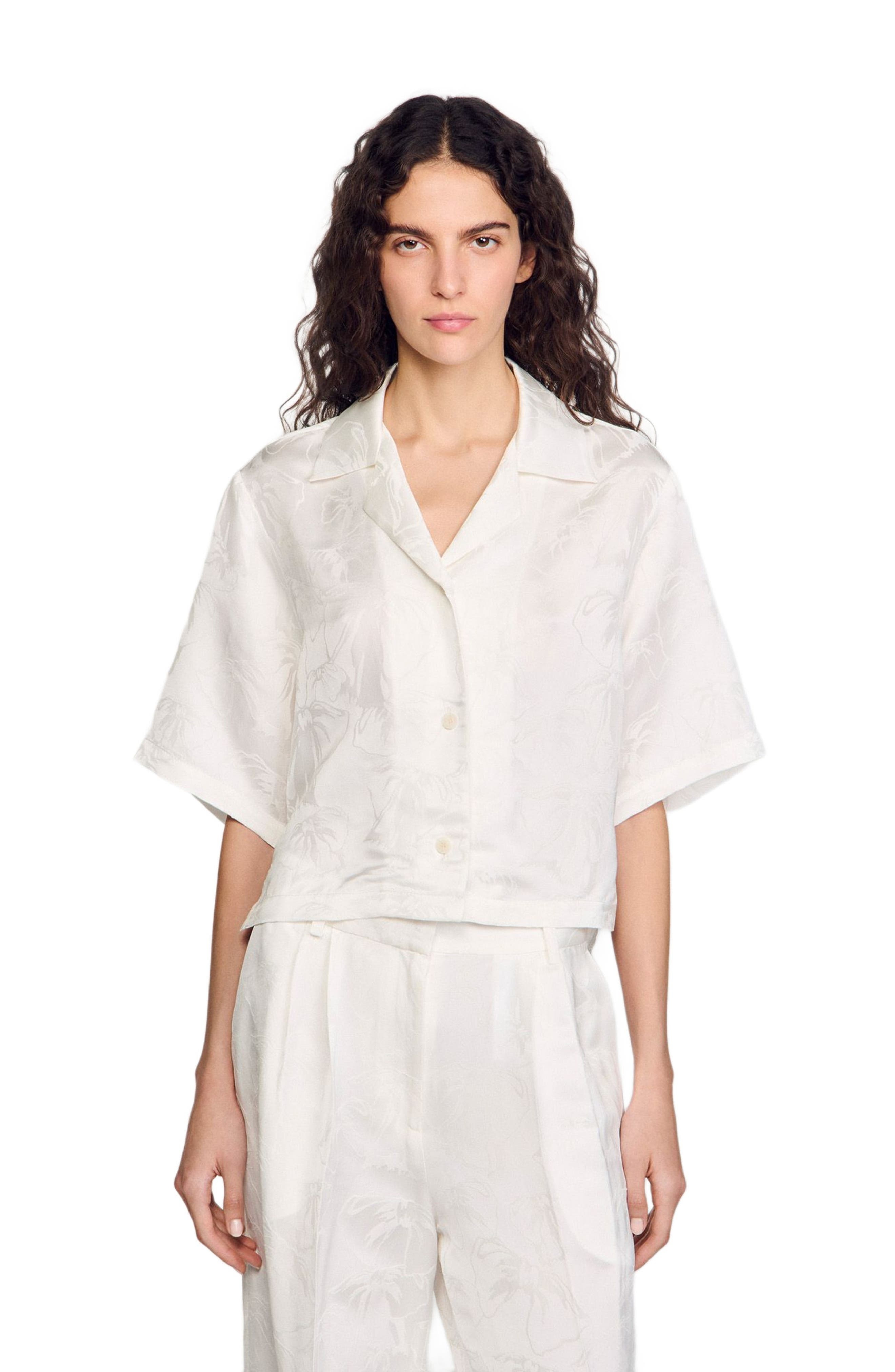 SANDRO Cropped shirt with jacquard flowers in White at Nordstrom - 1