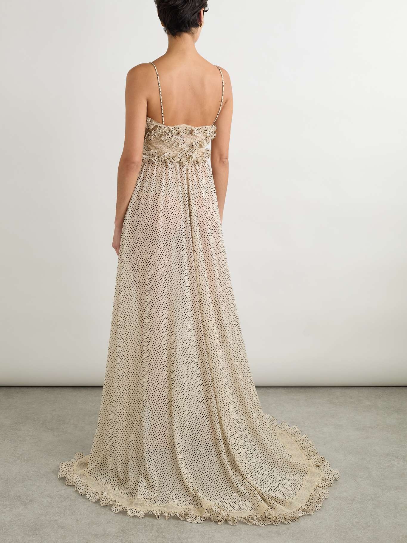 Lace-trimmed ruffled polka-dot silk-georgette gown Beige - 3