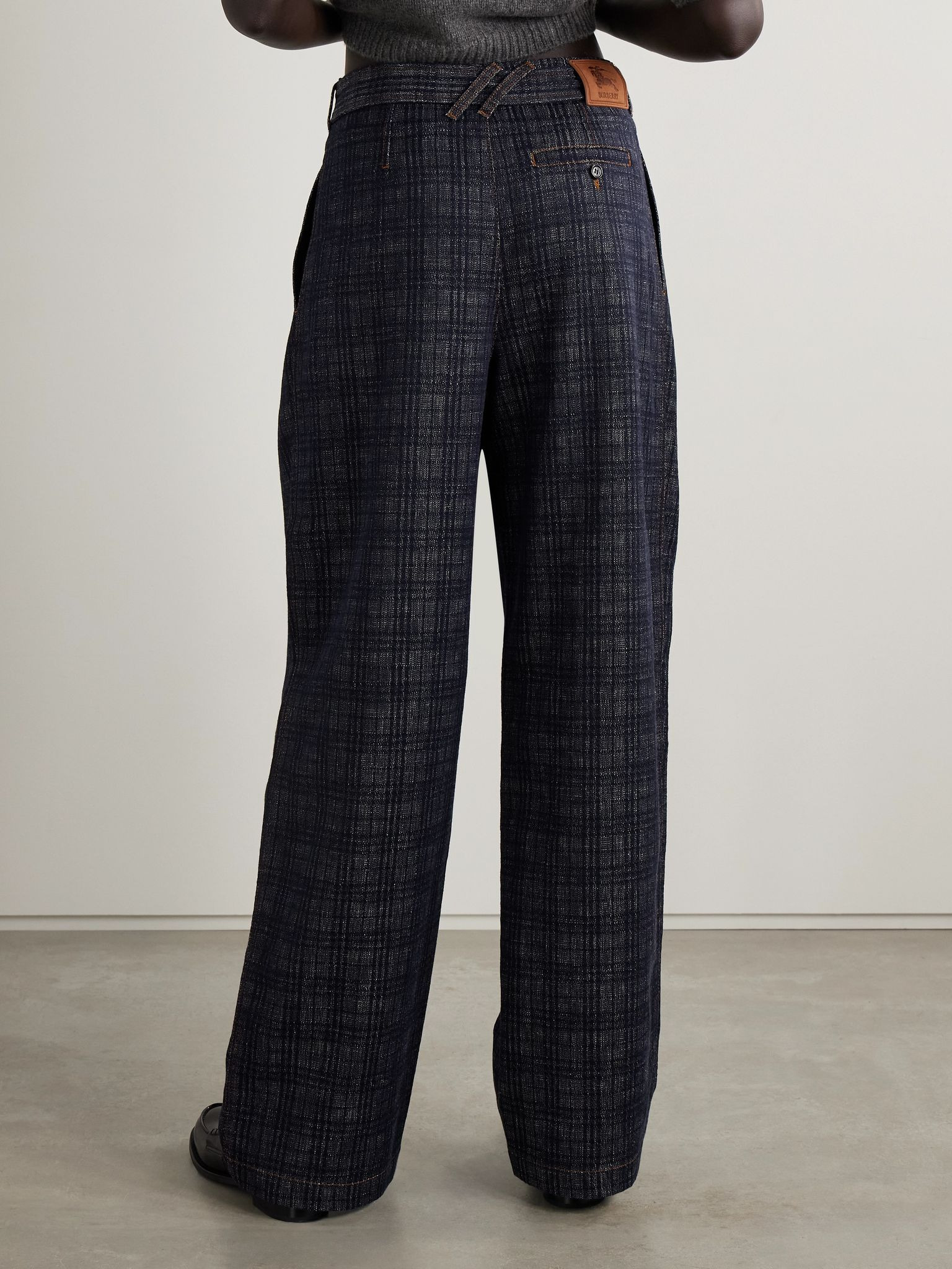 Belted pleated cotton-tweed wide-leg pants Navy - 4