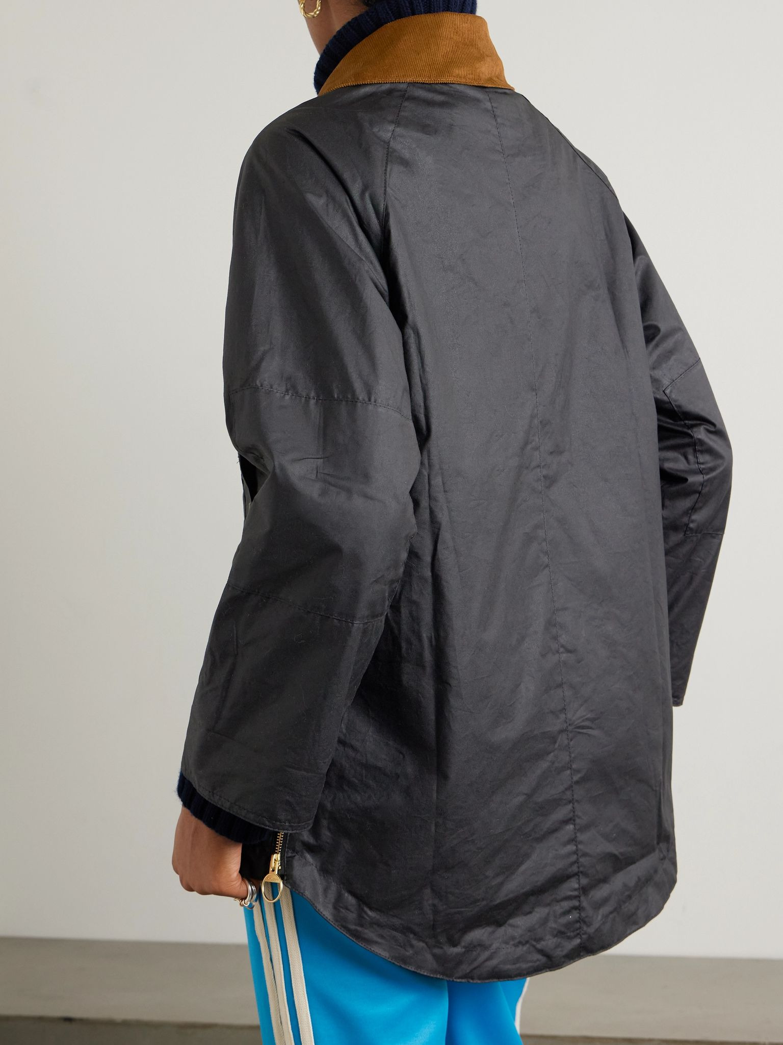 Raelynn corduroy-trimmed waxed-cotton jacket Black - 4