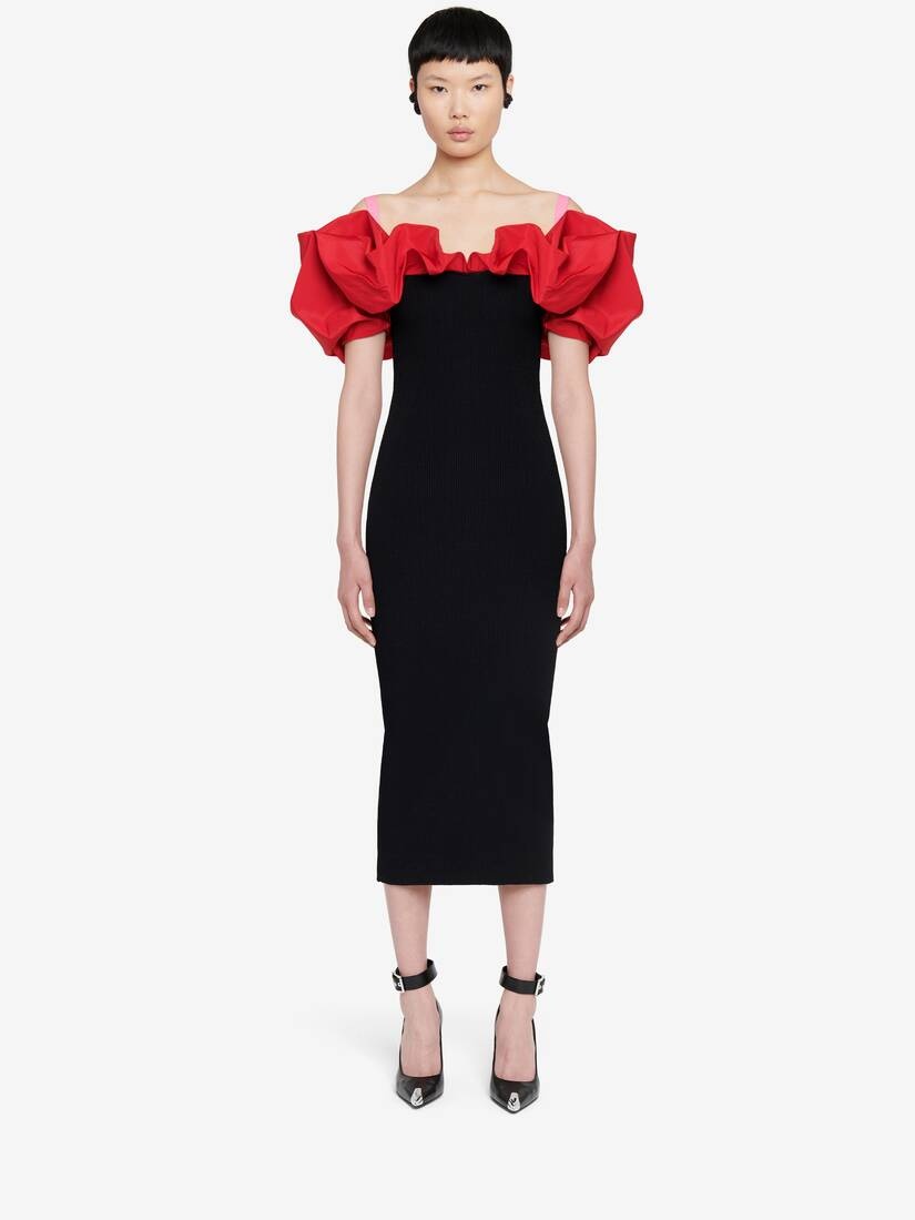 Women's Hybrid Ruffled Pencil Dress in Black/red/pink - 2