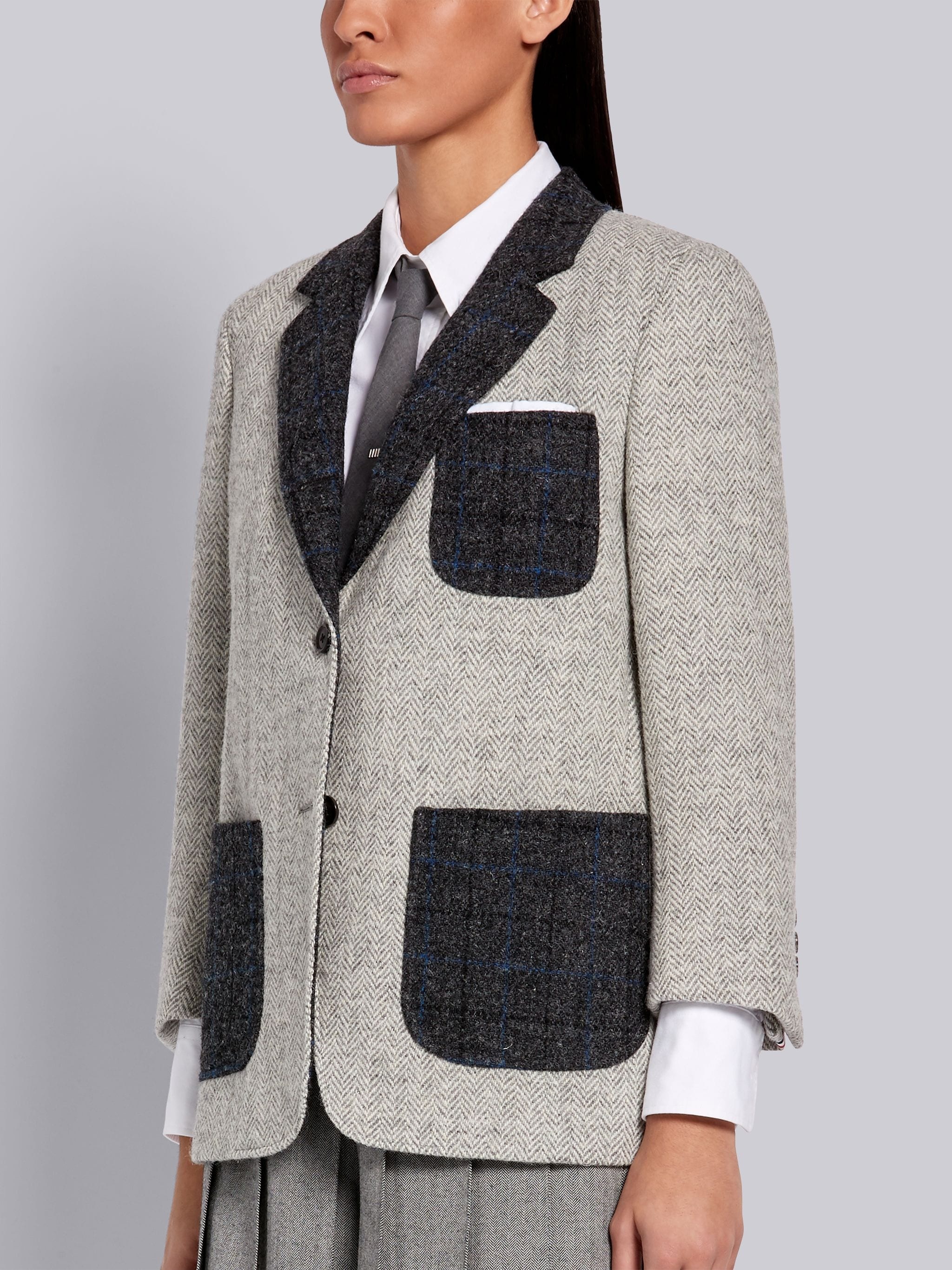 Medium Grey Wool Herringbone Harris Tweed Sack Jacket - 2