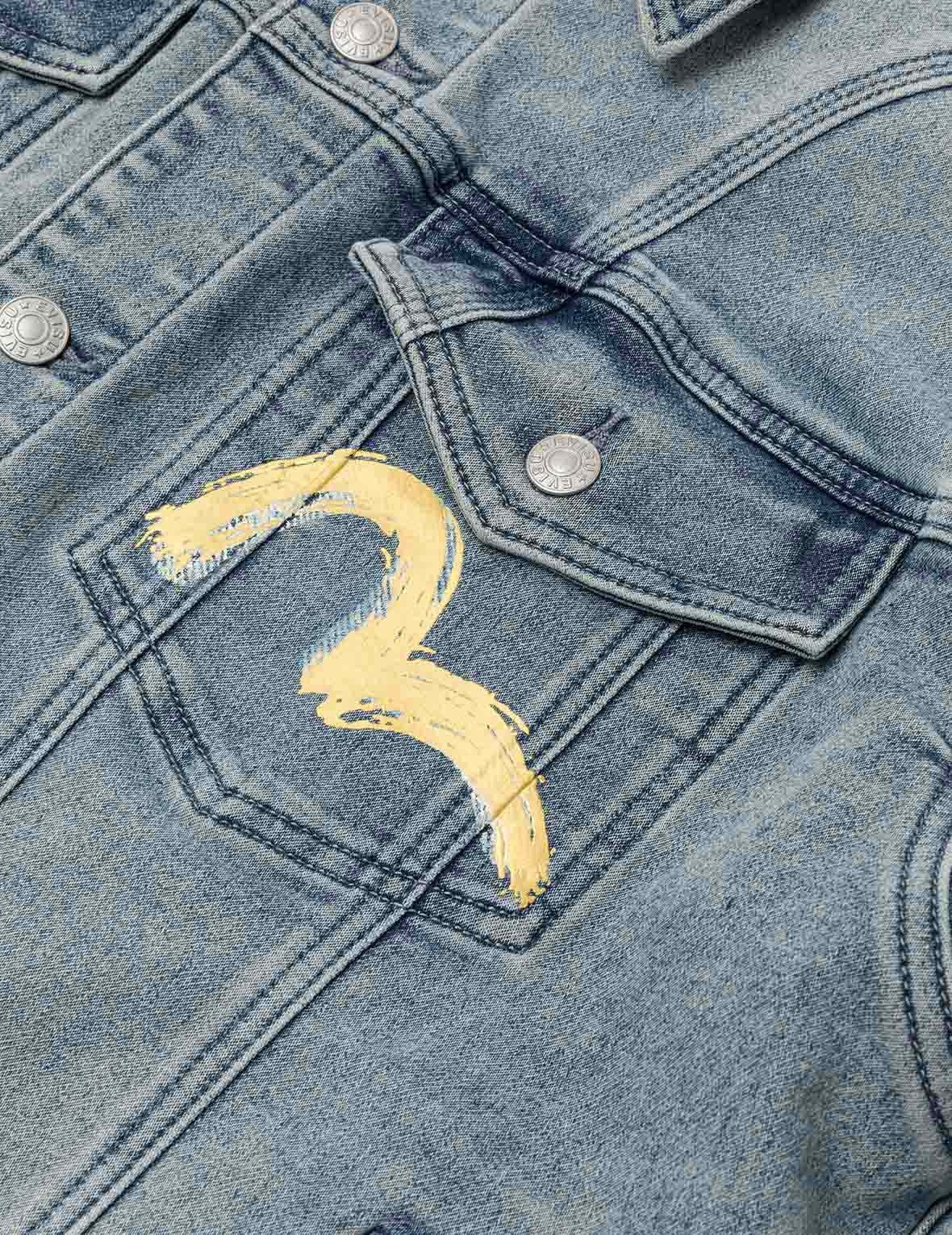 Artistic Brush Daicock Print Relax Fit Denim Jacket - 7
