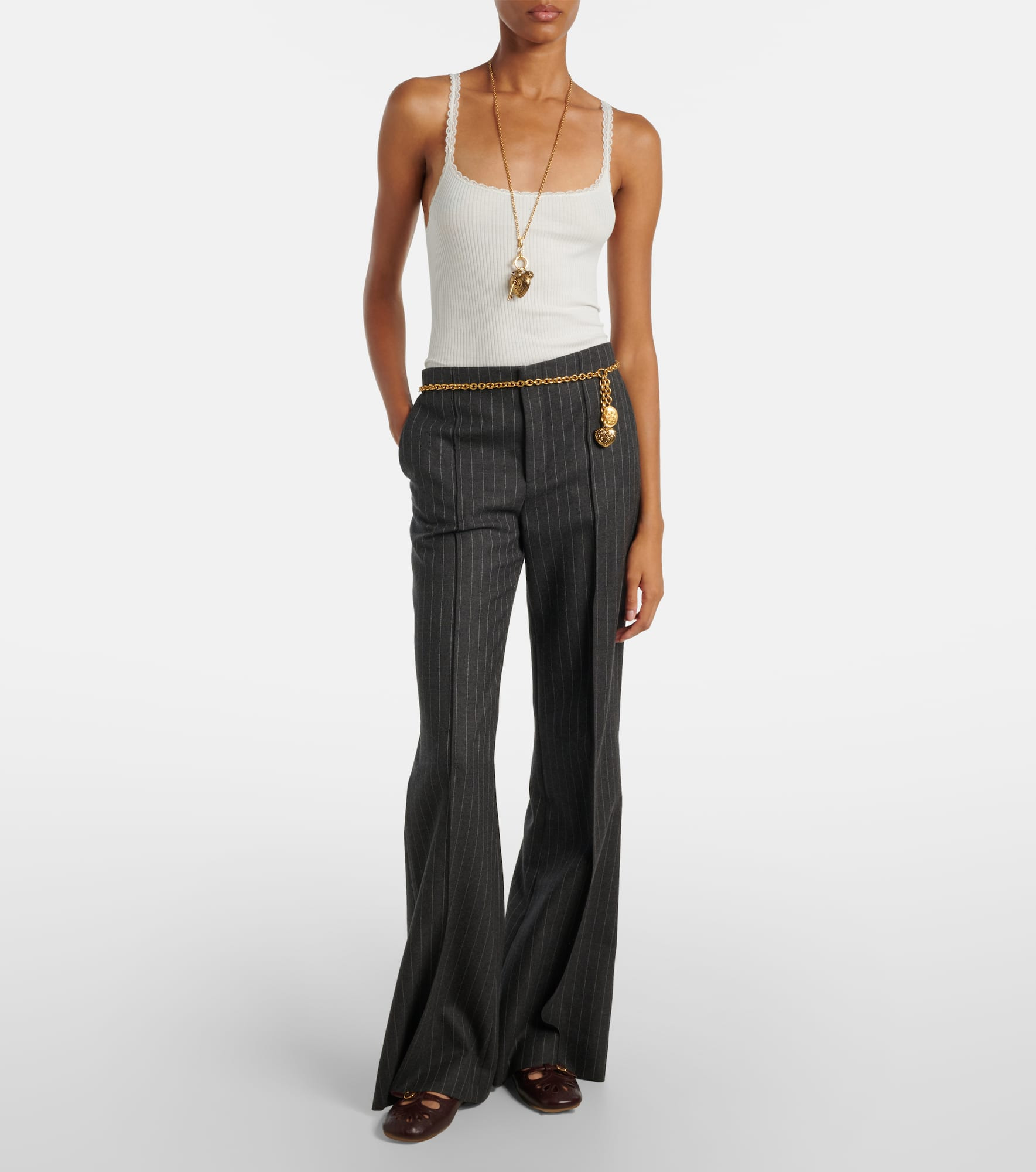 Pinstriped virgin wool wide-leg pants - 2
