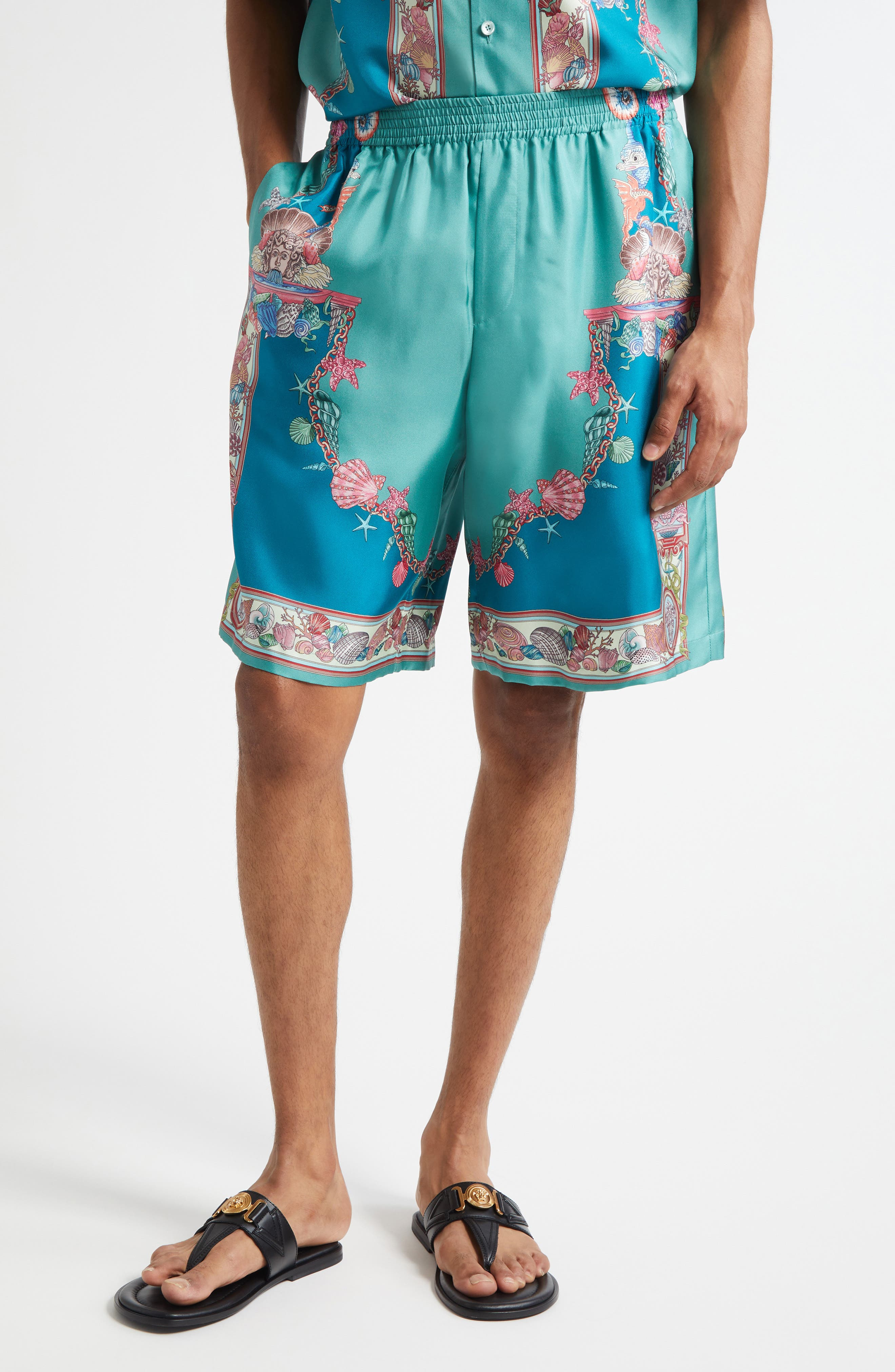 Versace Coral Theatre Silk Shorts in Sea Green Dark Sea Green at Nordstrom - 1