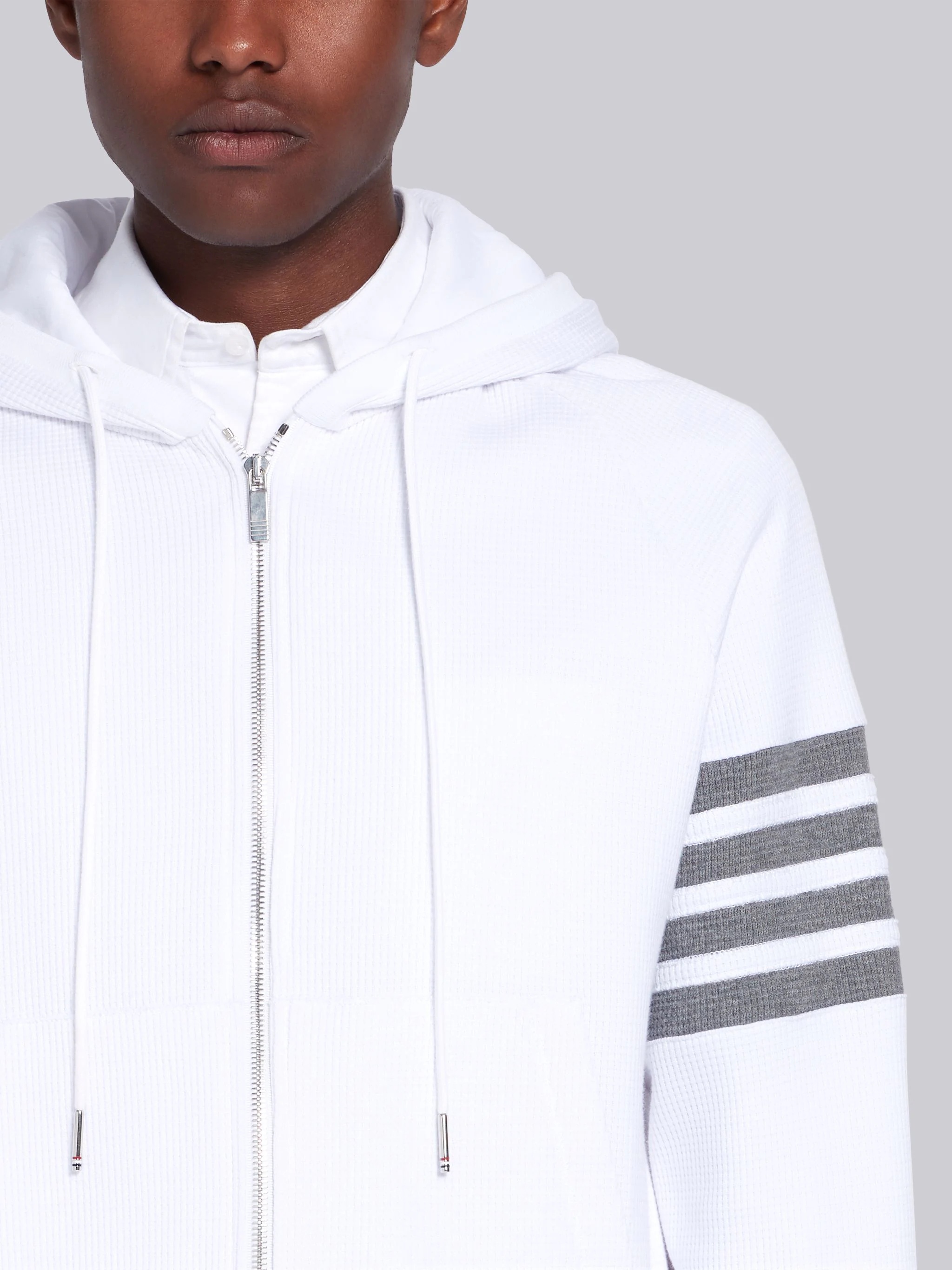 White Waffle Cotton Raglan Sleeve 4-Bar Hoodie - 5