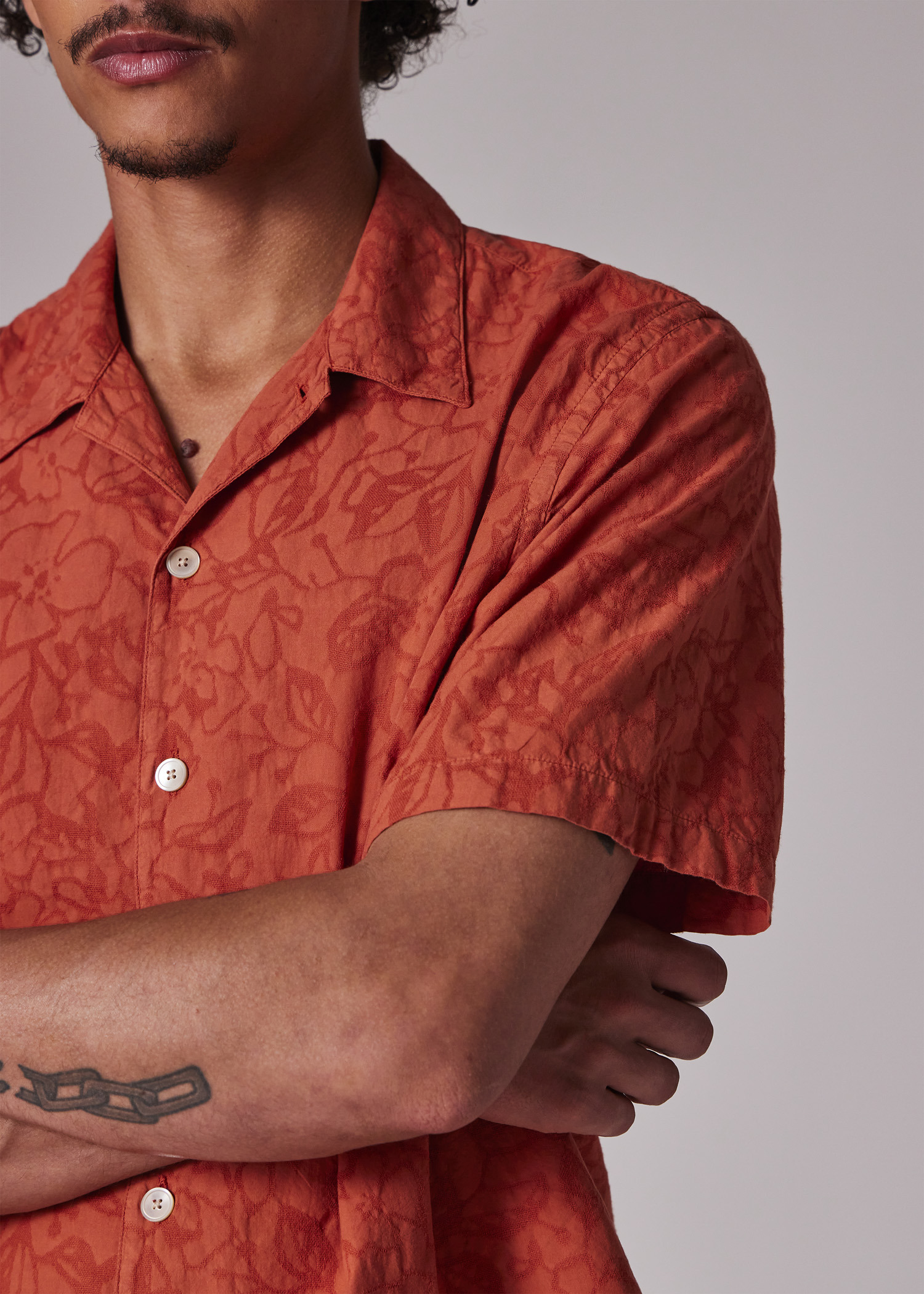 Orange Cotton Textured-Jacquard Short-Sleeve Shirt - 6
