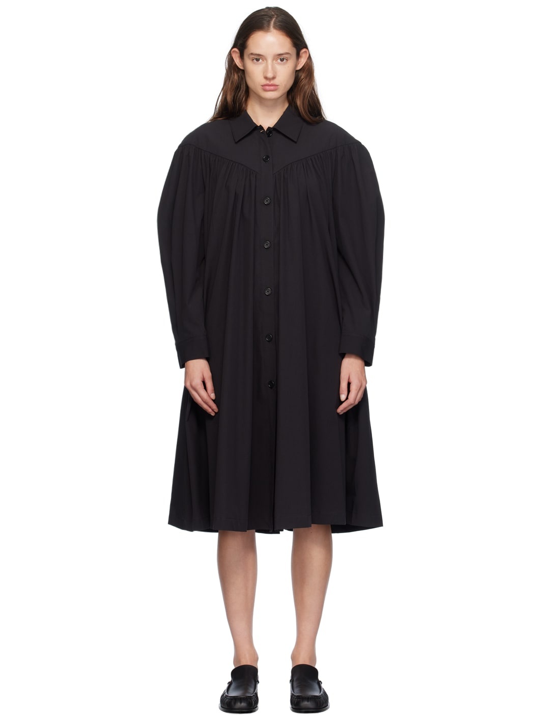 Black V-Line Yoke Shirring Midi Dress - 1