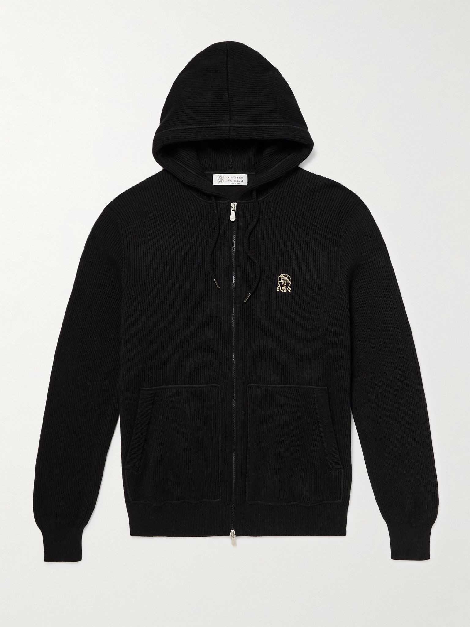 Logo-Embroidered Ribbed Cotton Zip-Up Hoodie Black - 1
