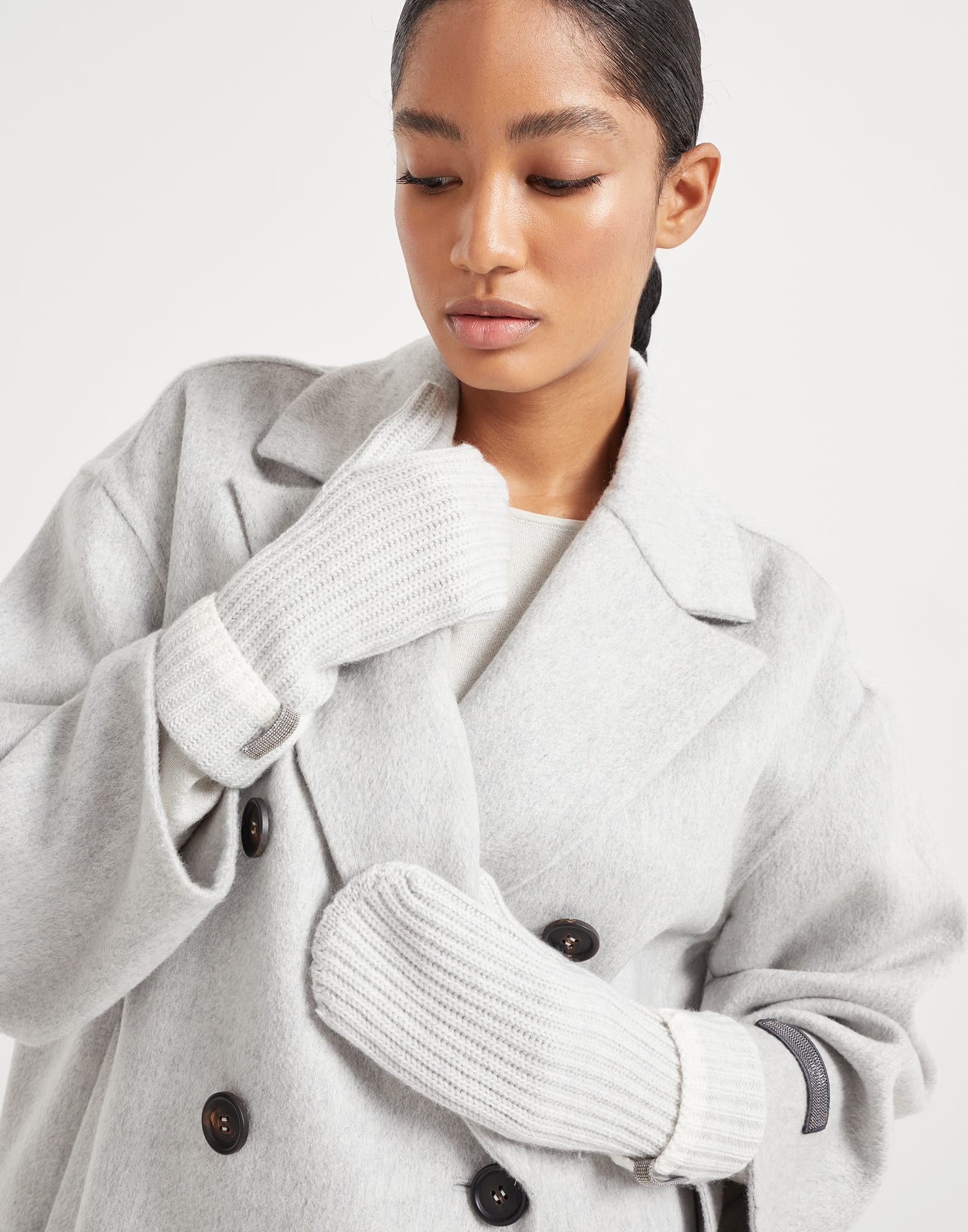 Cashmere English rib knit mittens with monili - 3