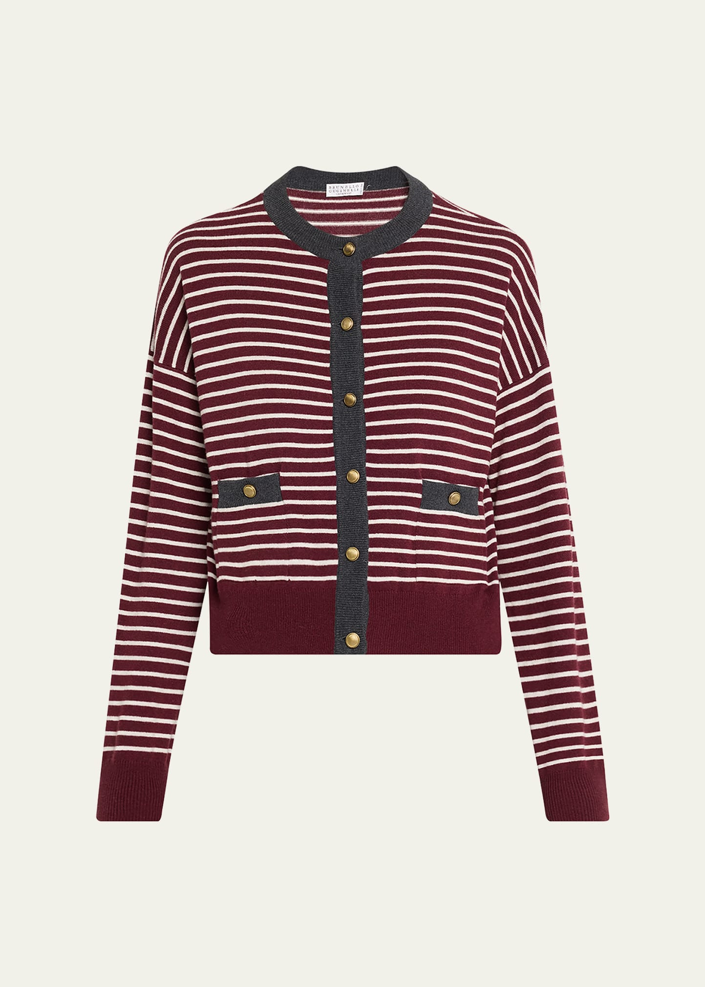Striped Wool-Cashmere Crewneck Cardigan - 1
