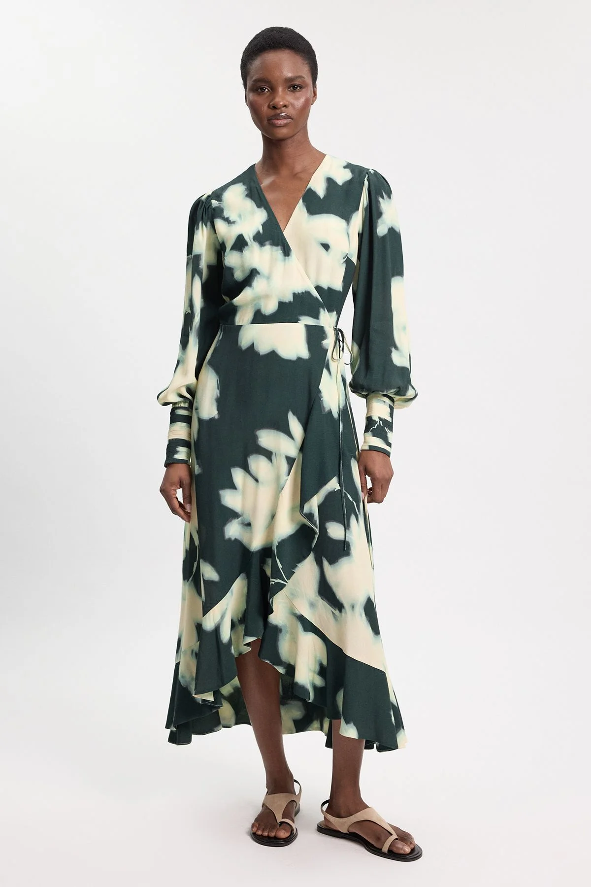 Viscose Crepe Floral Long Sleeve Midi Dress - 1