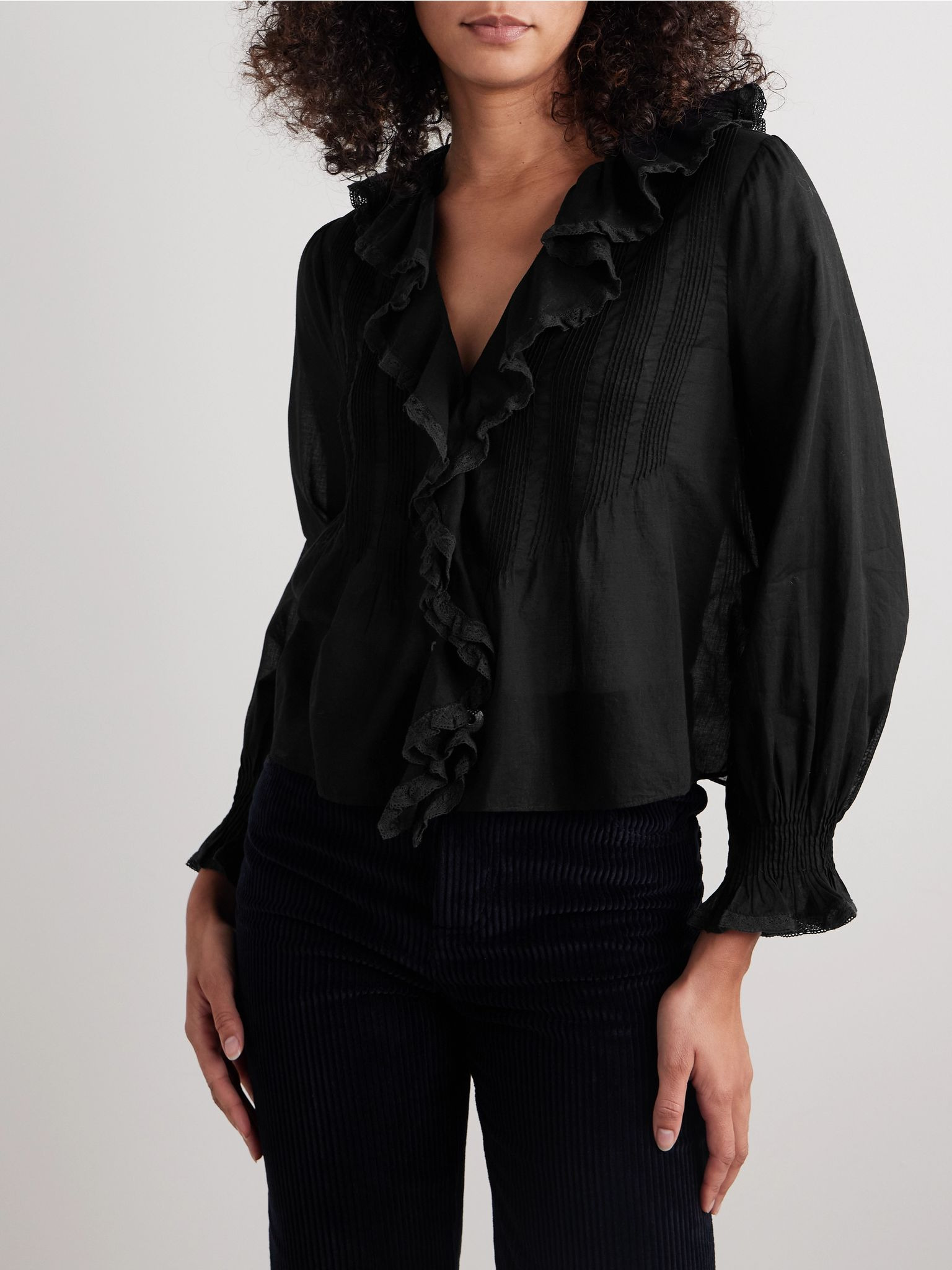 Hardy lace-trimmed ruffled pintucked organic cotton-voile blouse Black - 3