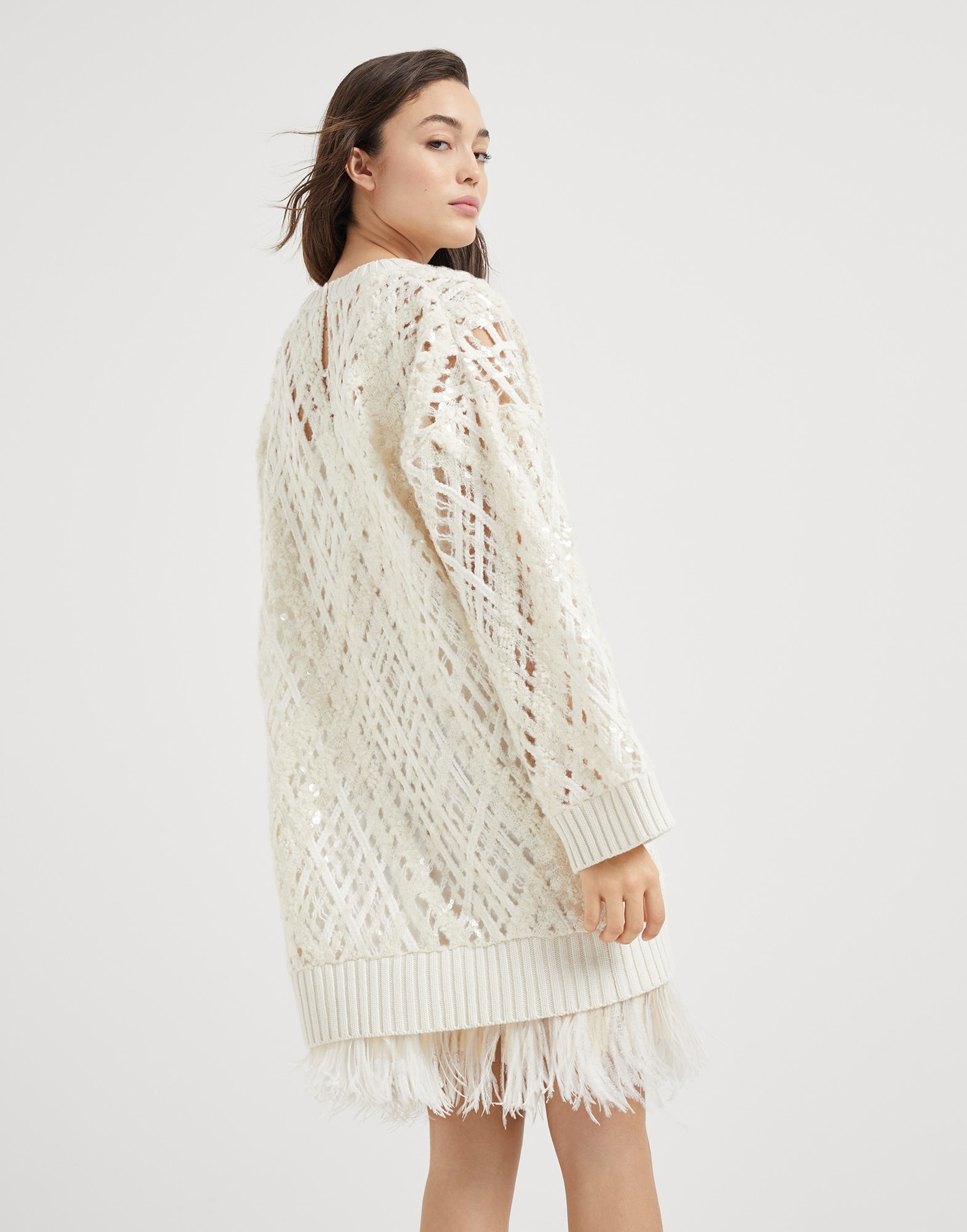 Dazzling Mesh Embroidery dress in cashmere, mohair and alpaca with detachable feather insert - 2