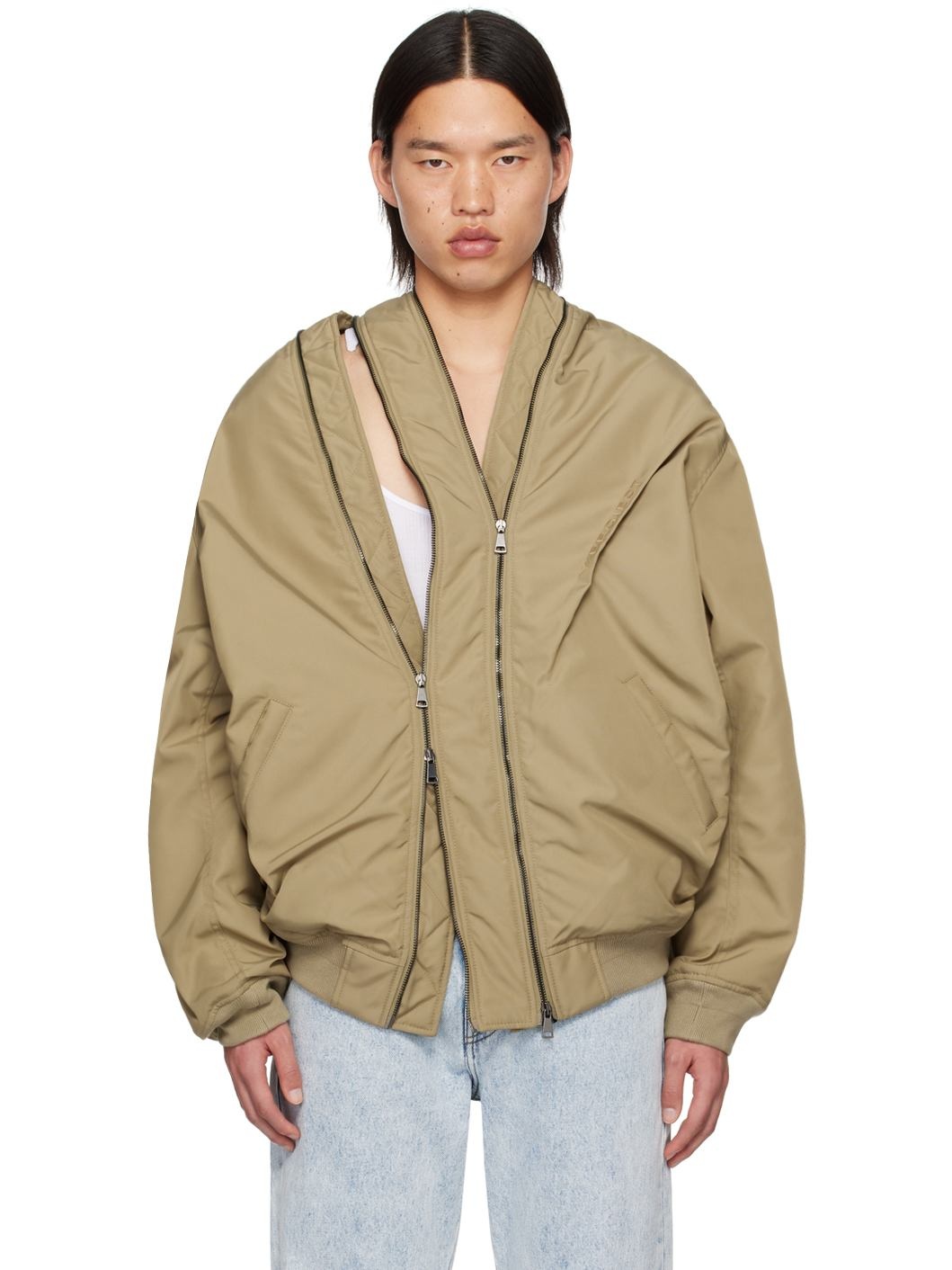Beige Double Zip Bomber Jacket - 1