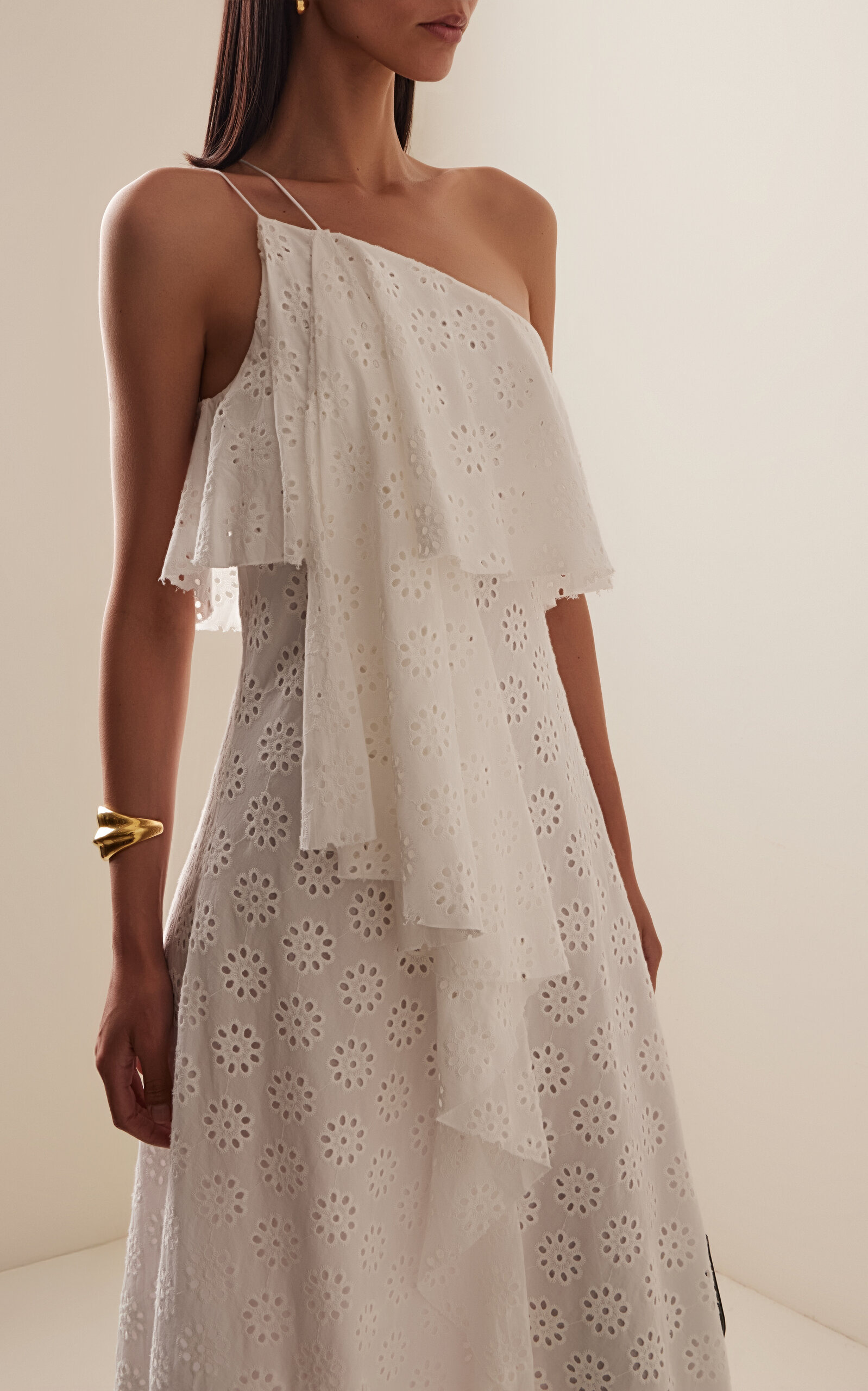 Isa One-Shoulder Broderie Anglaise Cotton Maxi Dress white - 3
