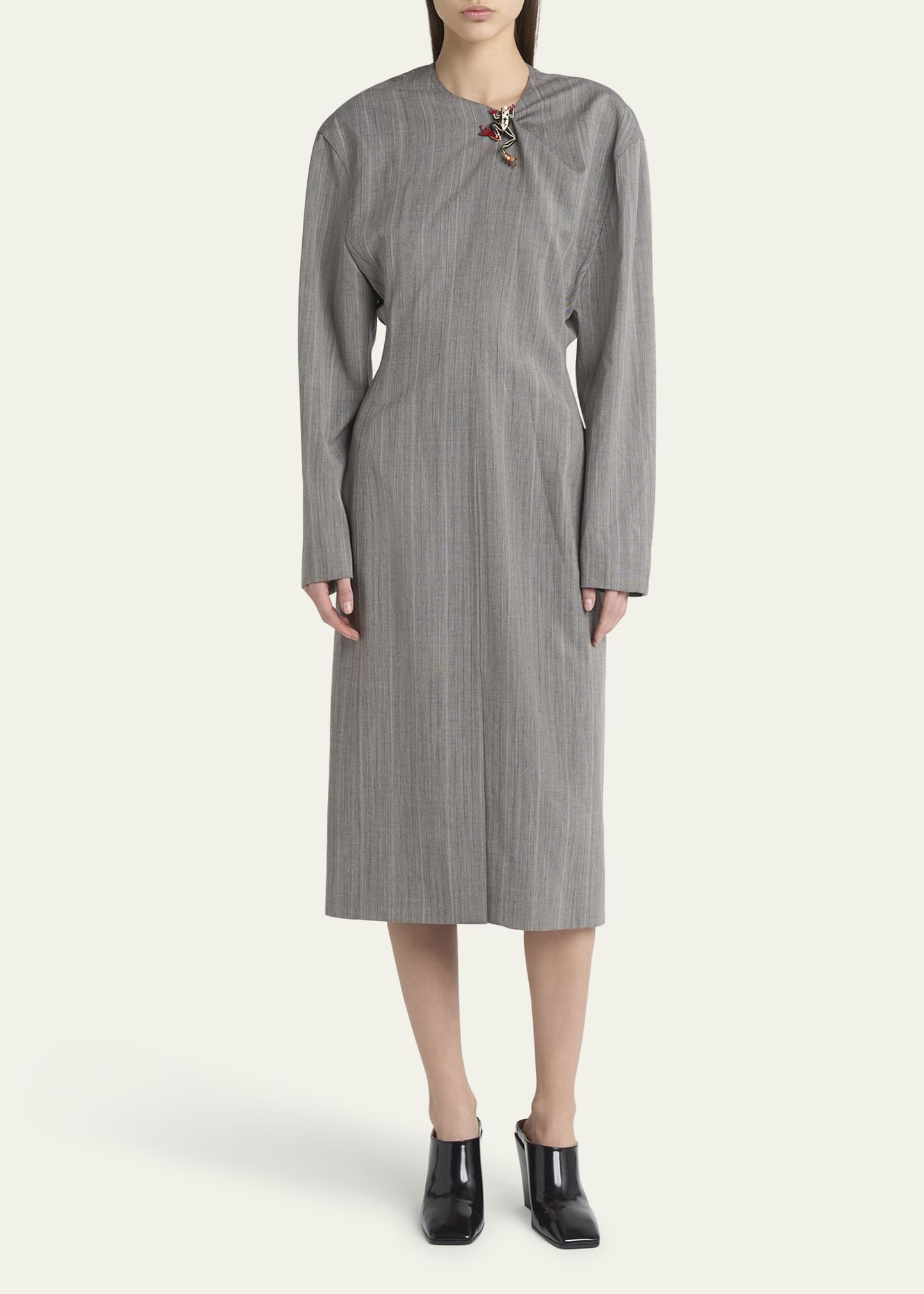 Subtle Stripe Melange Wool Dress with Frog Brooch - 2