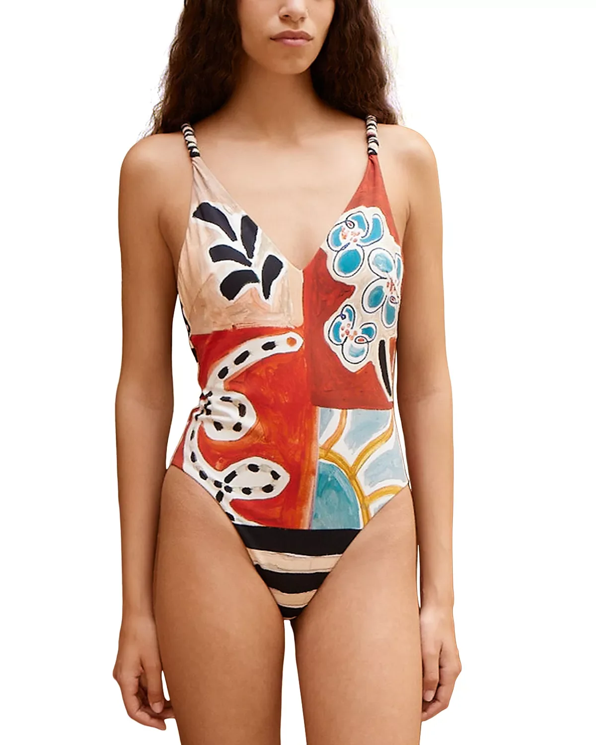 Michelle V Neck Patchwork Print Swimsuit - 1