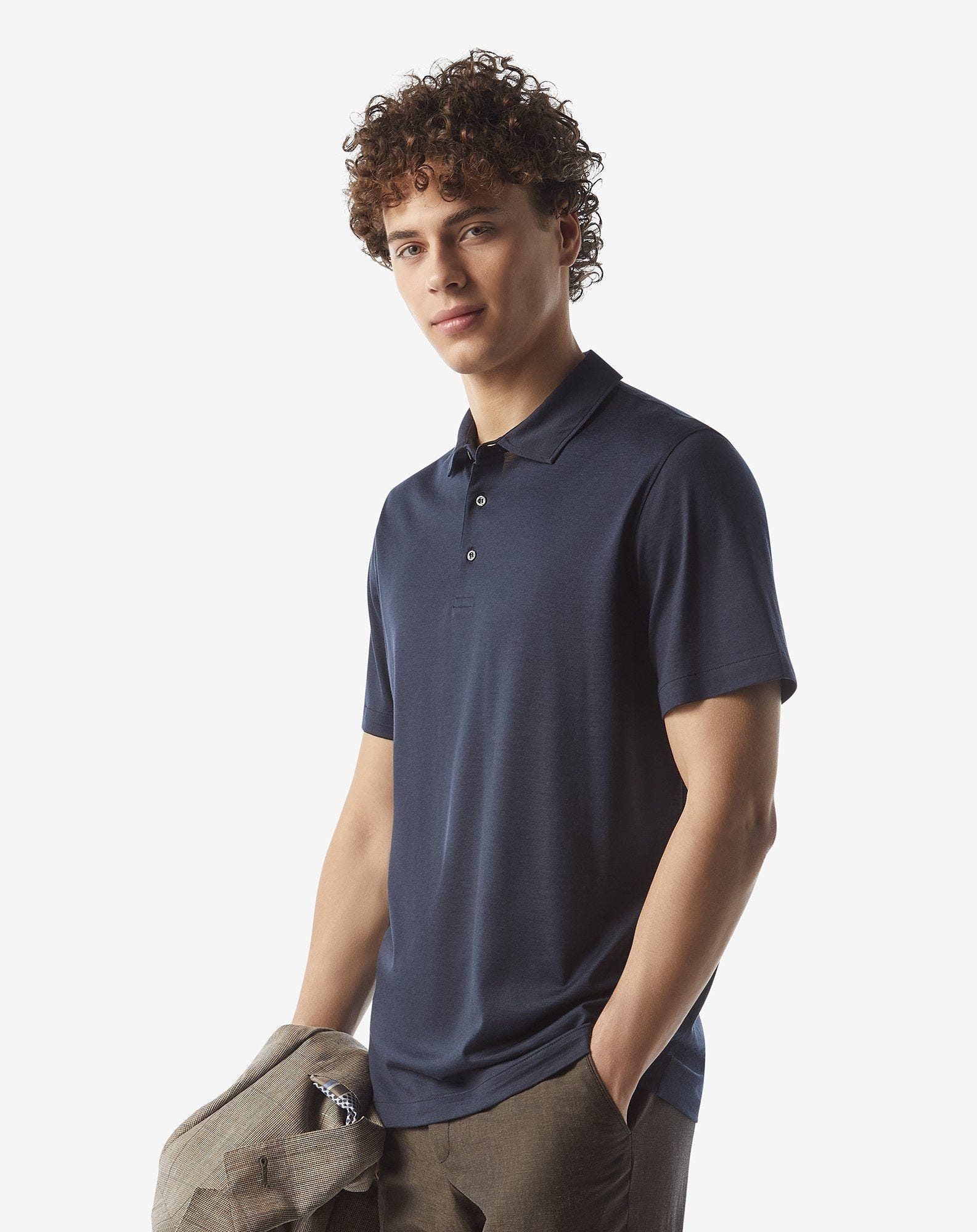 Navy blue button-up luxury jersey polo shirt - 2