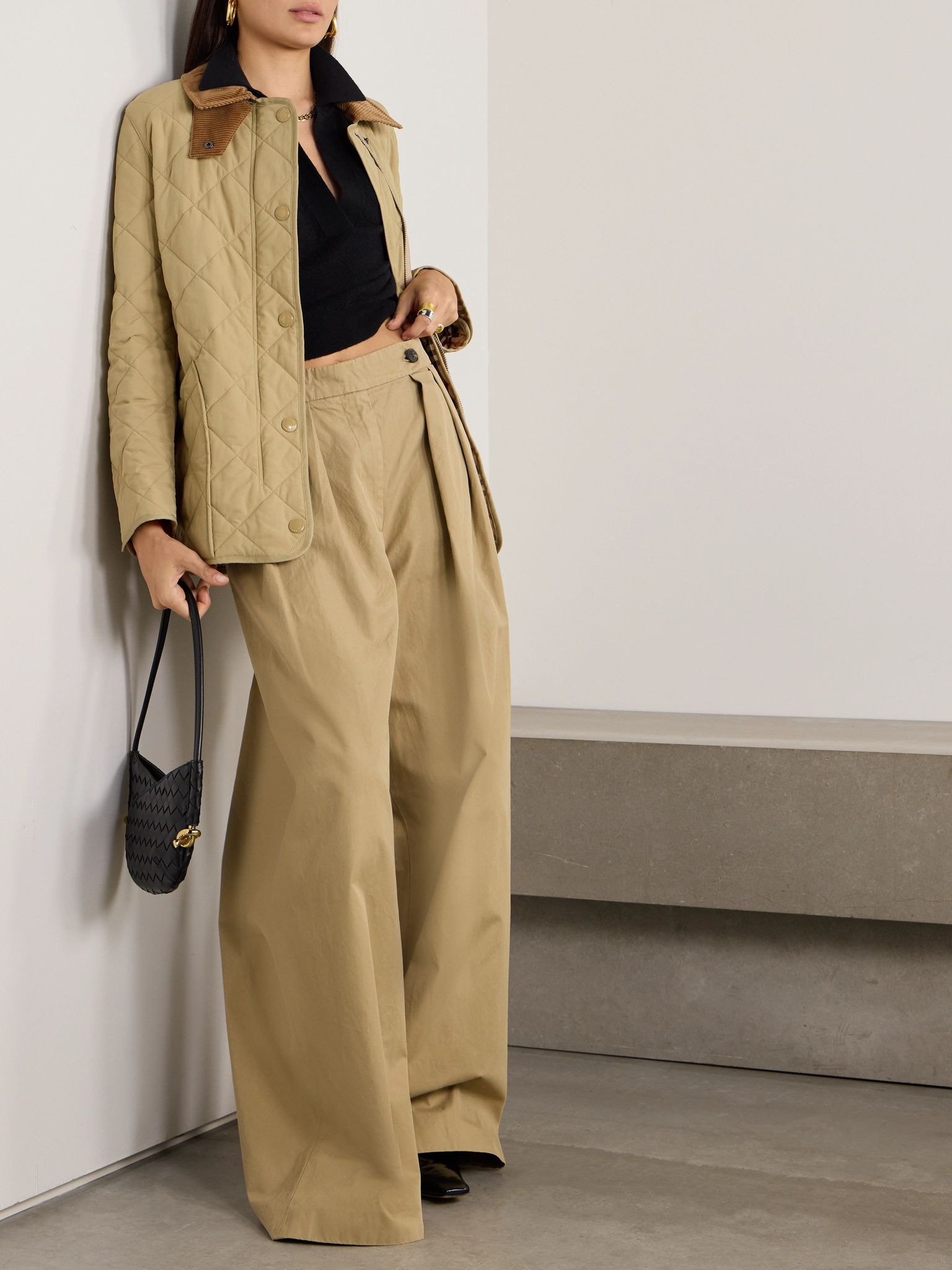 Corduroy and leather-trimmed quilted shell jacket Beige - 2