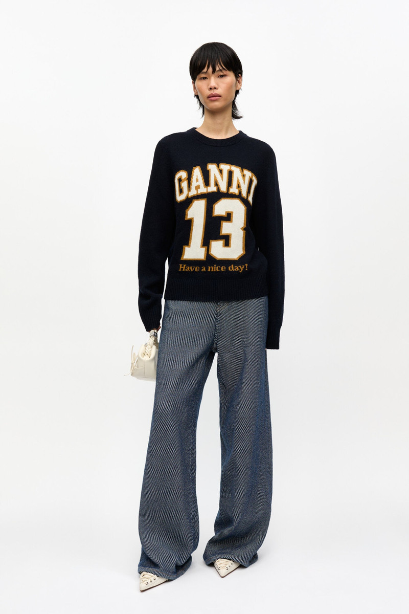 DARK BLUE GRAPHIC WOOL MIX BASEBALL SWEATER 3
