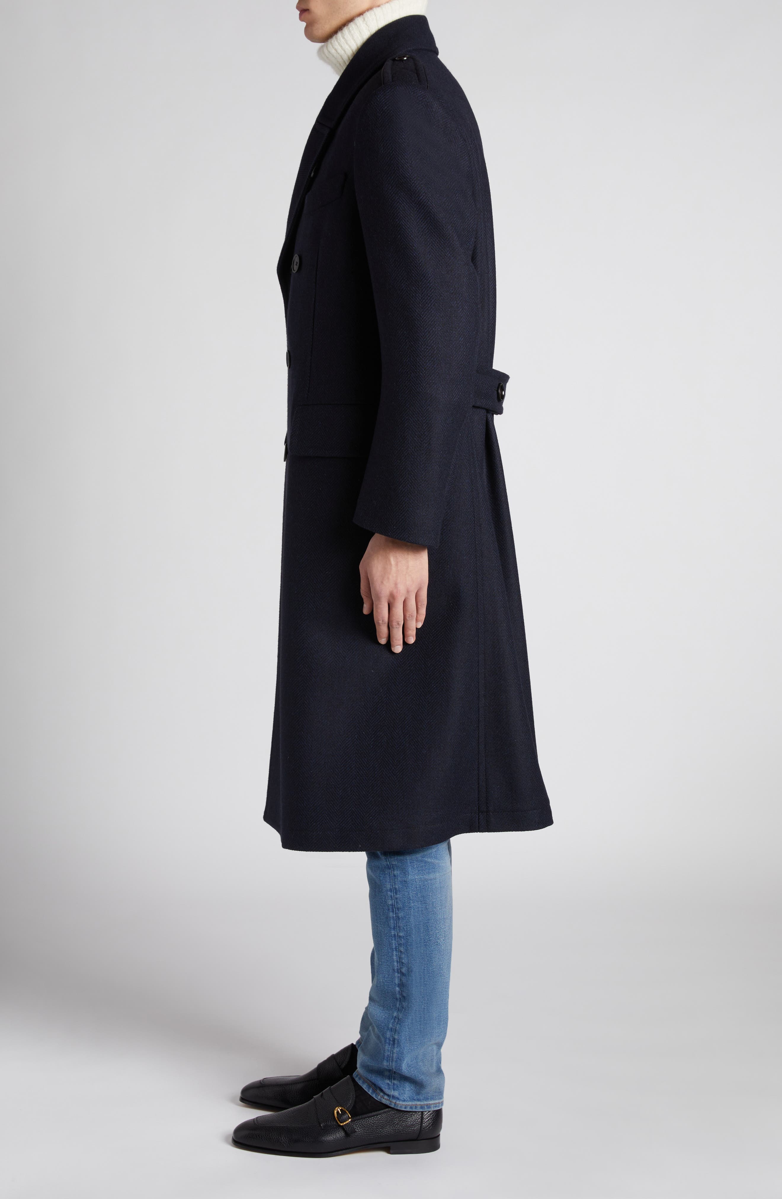 TOM FORD Officer Wool Herringbone Coat in Combo Black/Blue at Nordstrom - 4