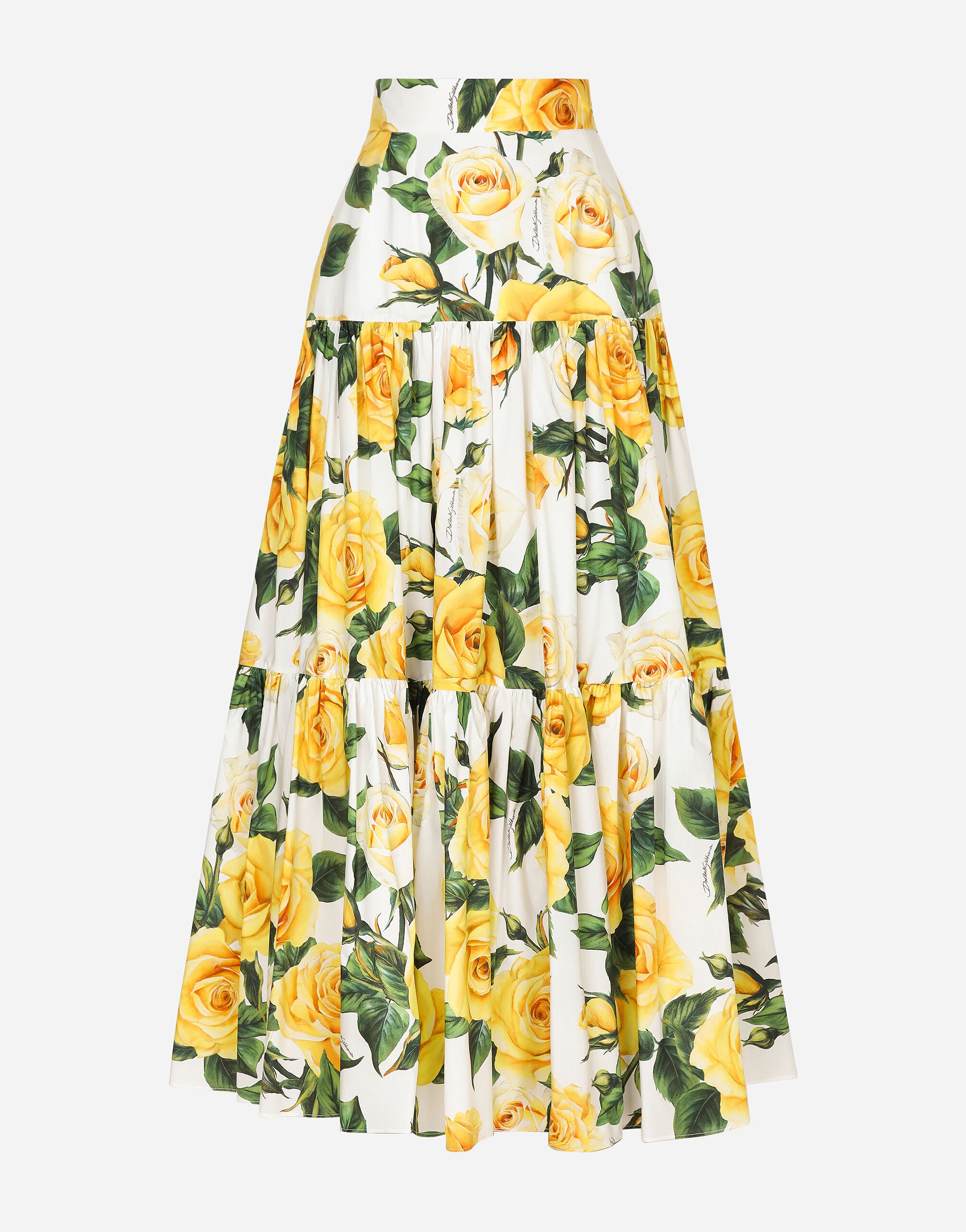 Long ruffled skirt in yellow rose-print cotton - 1