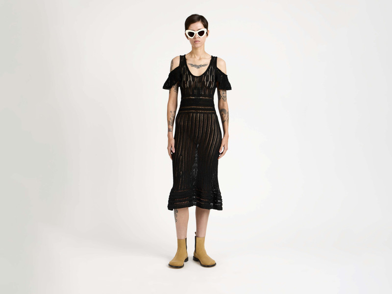 JW Anderson WOMENS SHOULDER RUFFLE CROCHET DRESS IN BLACK outlook