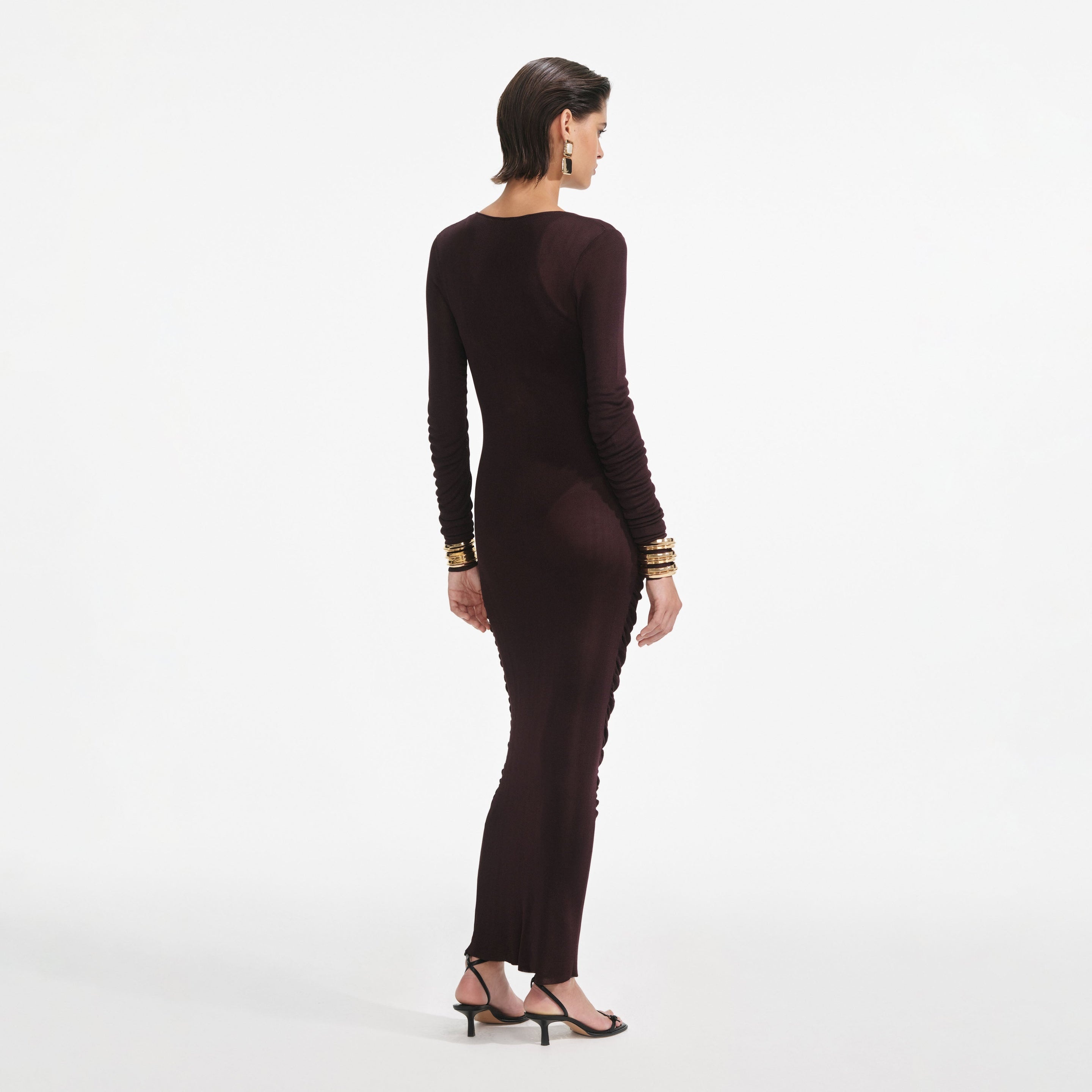Brown Gathered Viscose Knit Midi Dress - 3
