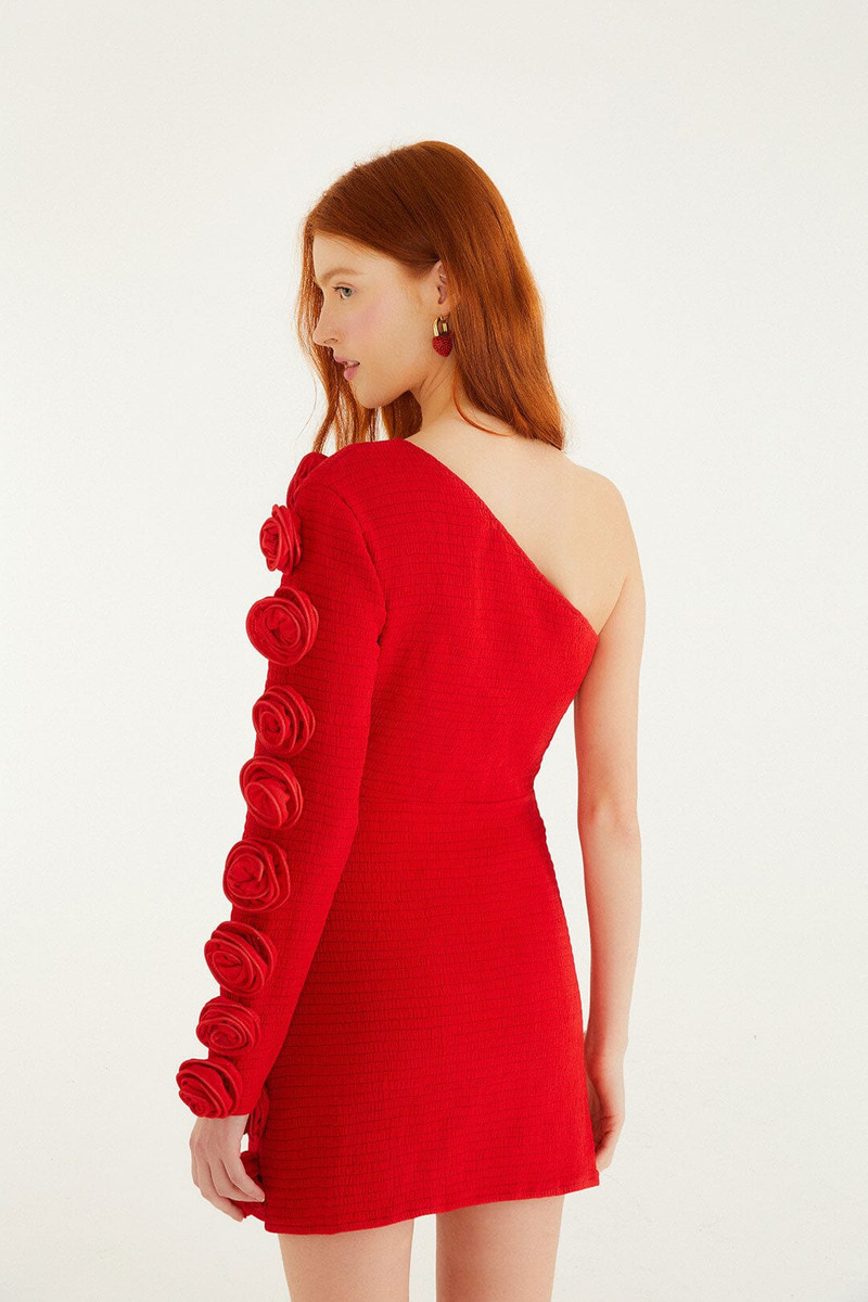 Red 3D Roses One-Shoulder Slim Mini Dress 5