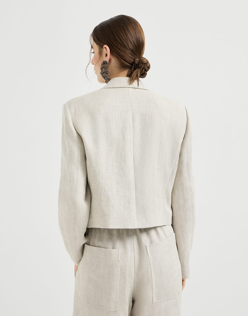 Brunello Cucinelli Linen and cotton chevron cropped blazer with monili outlook